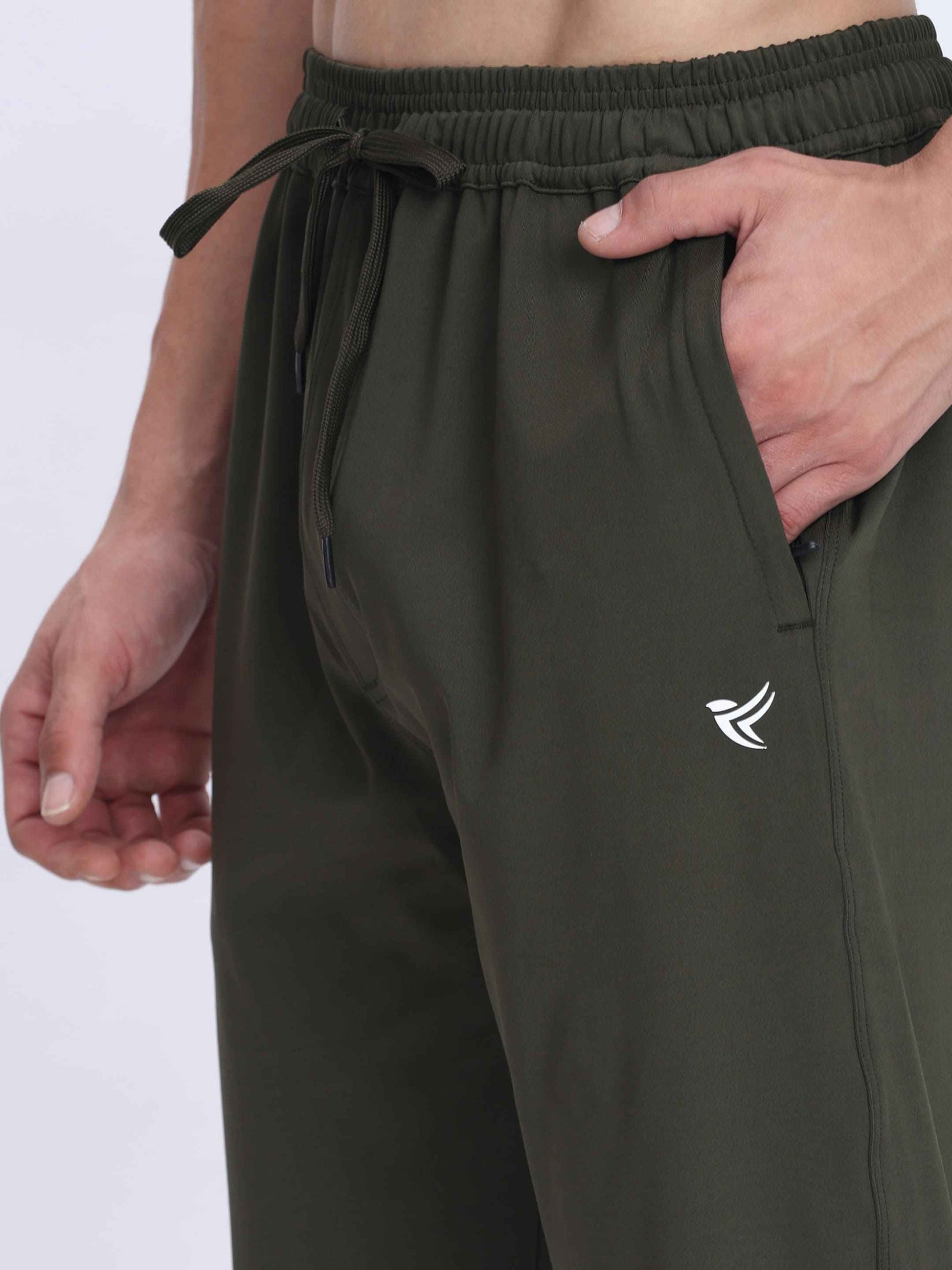 Dpassion Men Olive Green Gym Trackpants | 4-Way Stretch Training Joggers with Zip Pockets