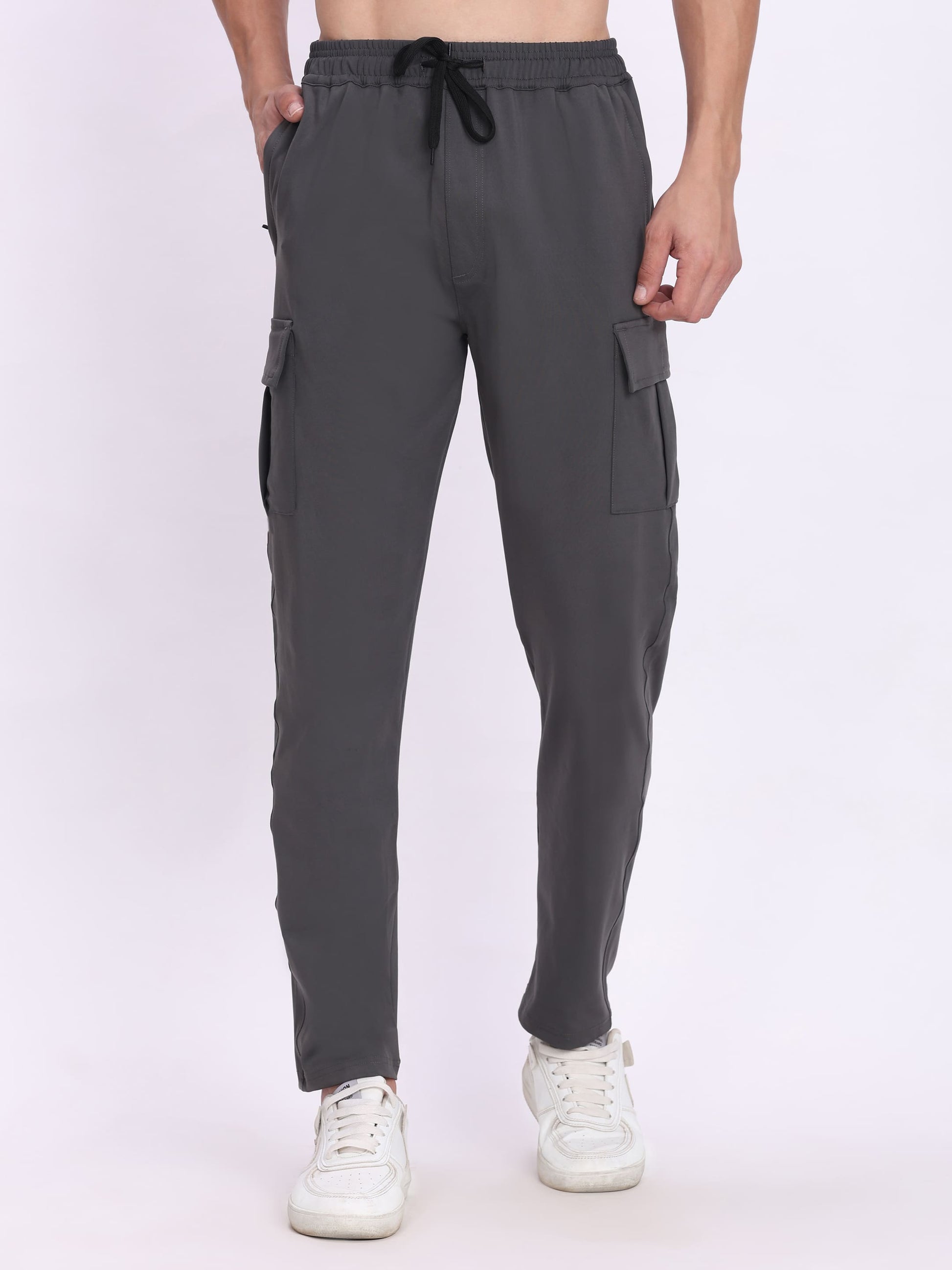 Dpassion Men Grey Cargo Trackpants | 4-Way Stretch Gym Joggers with Multiple Utility Pockets - Dpassion