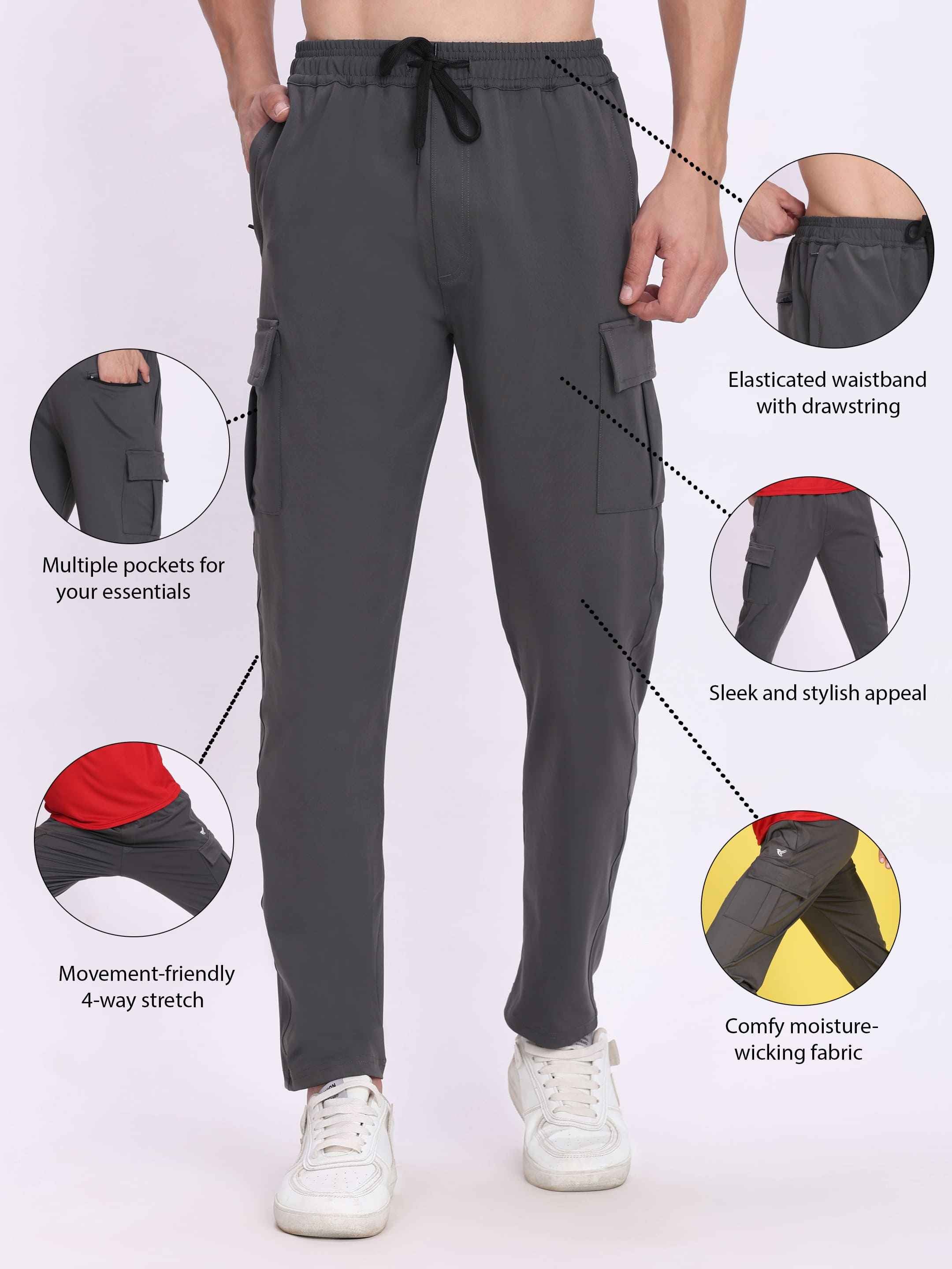 Dpassion Men Grey Cargo Trackpants | 4-Way Stretch Gym Joggers with Multiple Utility Pockets