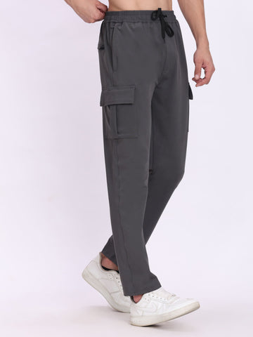 Dpassion Men Grey Cargo Trackpants | 4-Way Stretch Gym Joggers with Multiple Utility Pockets - Dpassion
