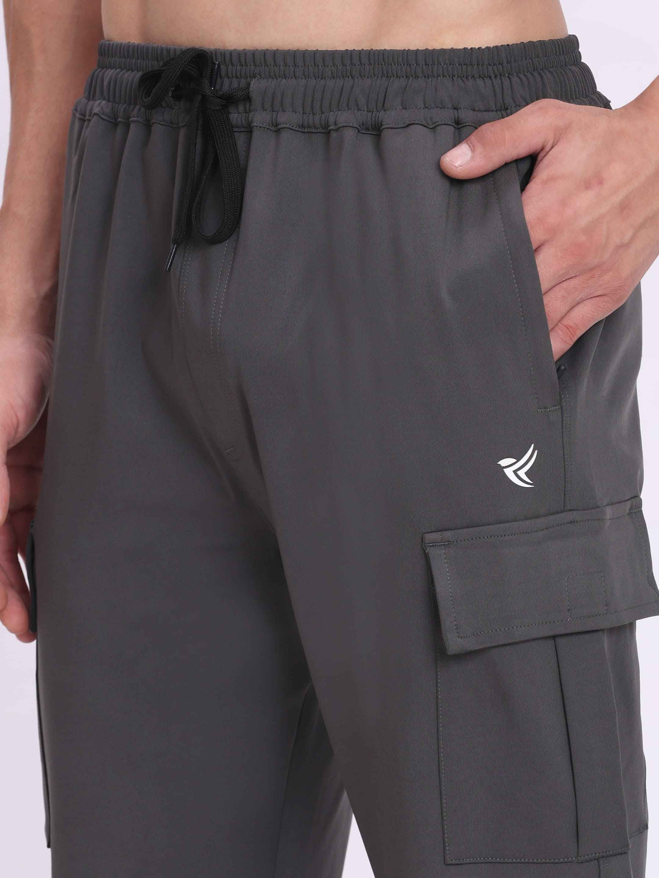 Dpassion Men Grey Cargo Trackpants | 4-Way Stretch Gym Joggers with Multiple Utility Pockets