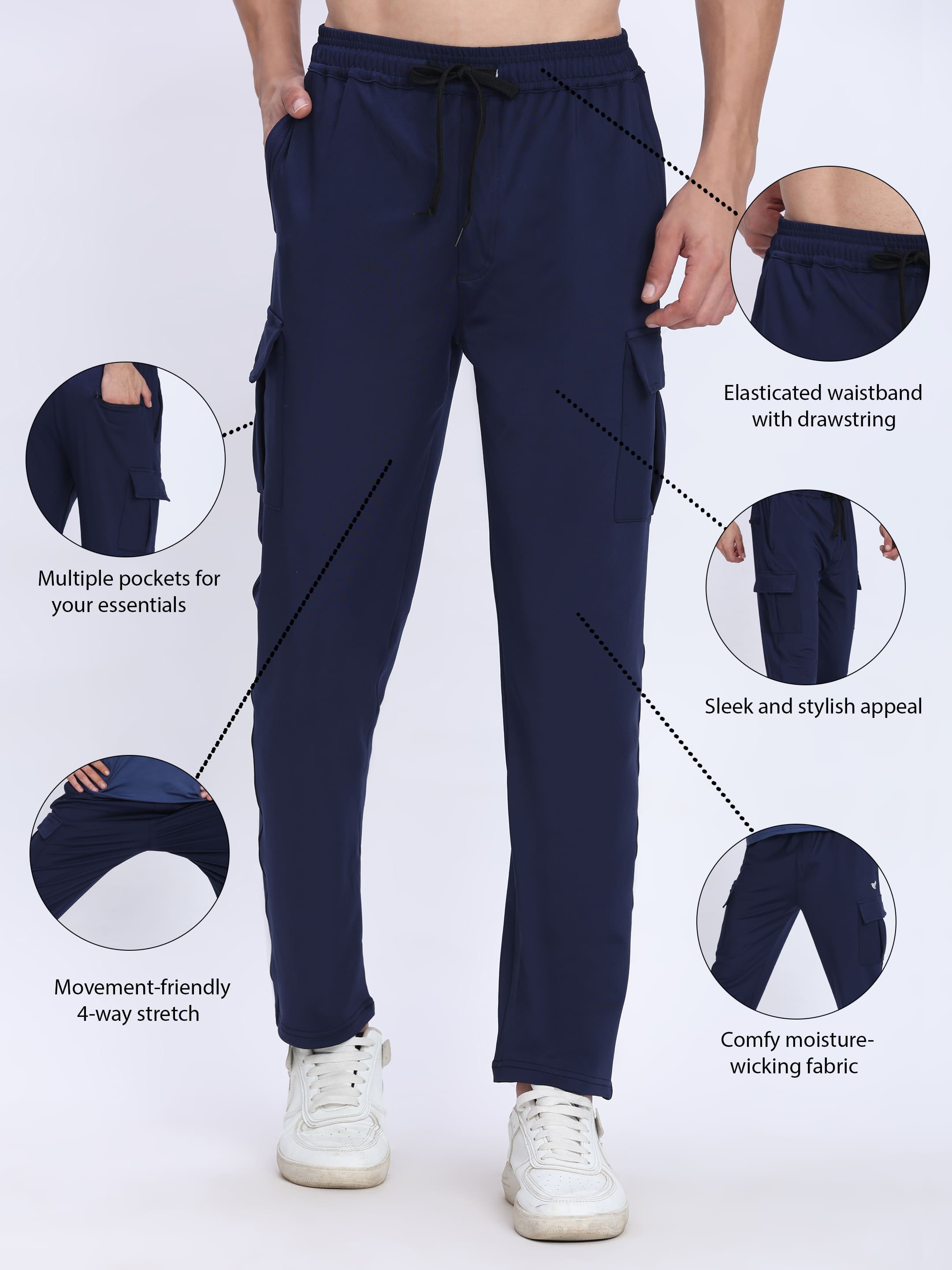Dpassion Men Cargo Trackpants Navy 4-Way Stretch Gym Activewear