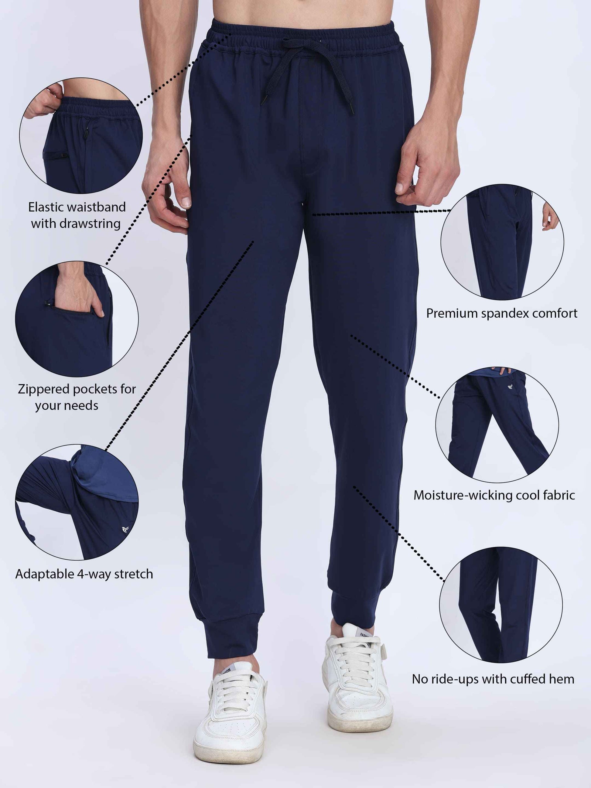 Dpassion Men Navy Blue Joggers 4-Way Stretch Gym Trackpants Activewear