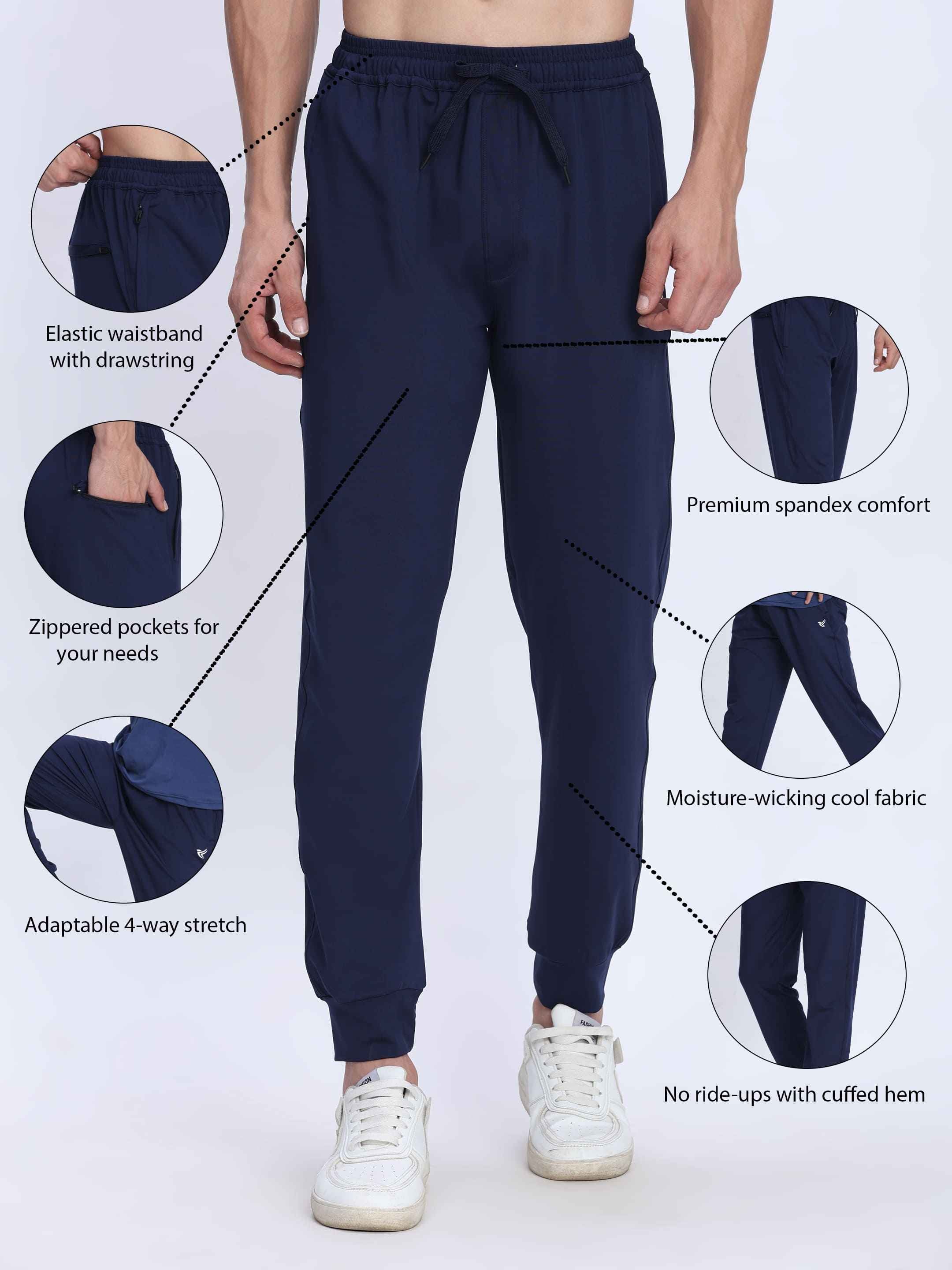 Dpassion Men Navy Blue Joggers 4-Way Stretch Gym Trackpants Activewear