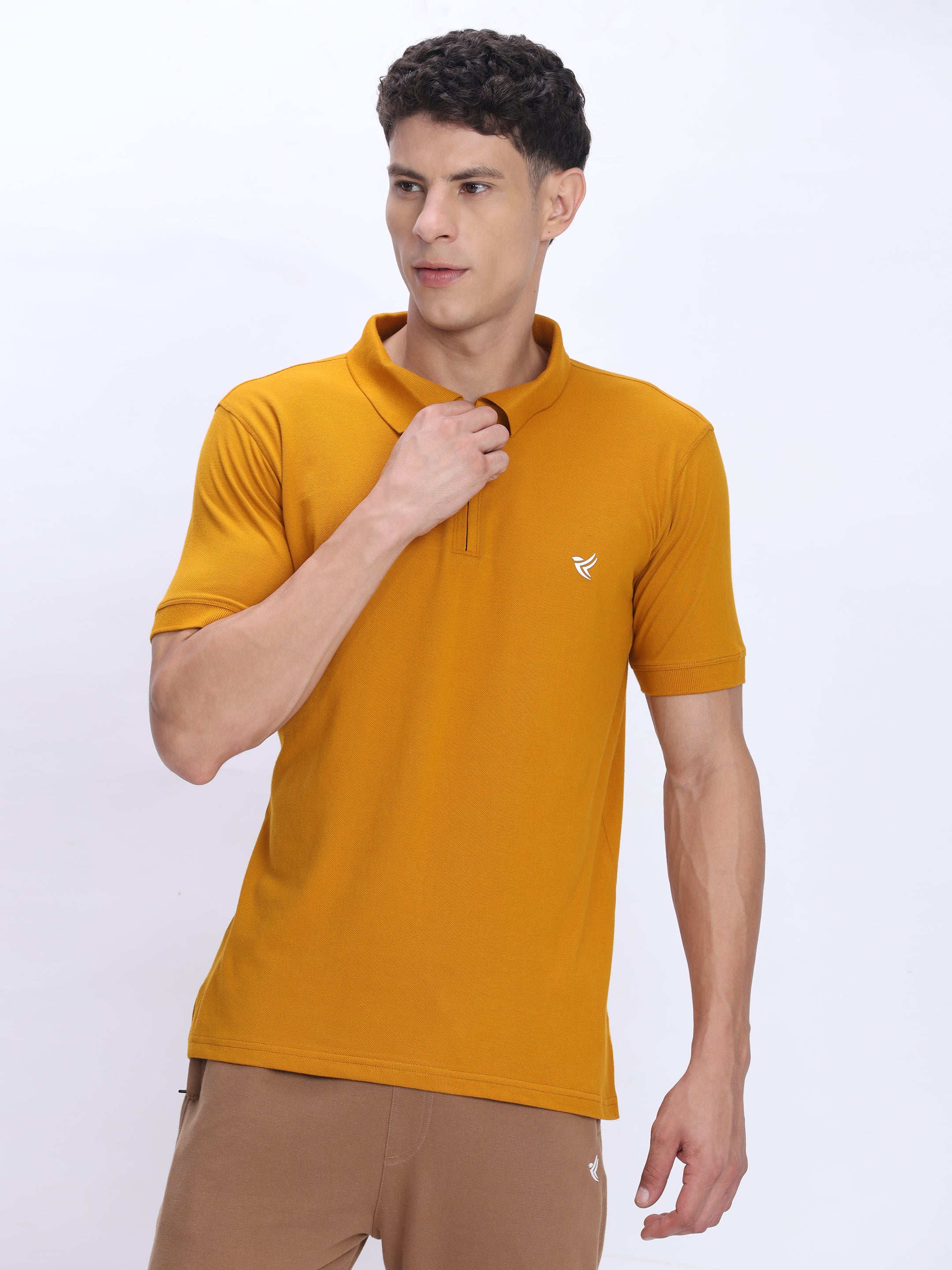Dpassion Men’s Mustard Zipper Polo Neck Cotton T-Shirt