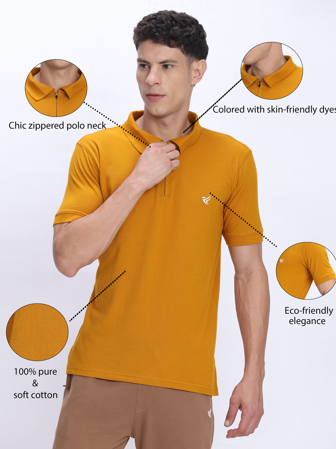 Dpassion Men’s Mustard Zipper Polo Neck Cotton T-Shirt