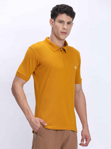 Dpassion Men’s Mustard Zipper Polo Neck Cotton T-Shirt
