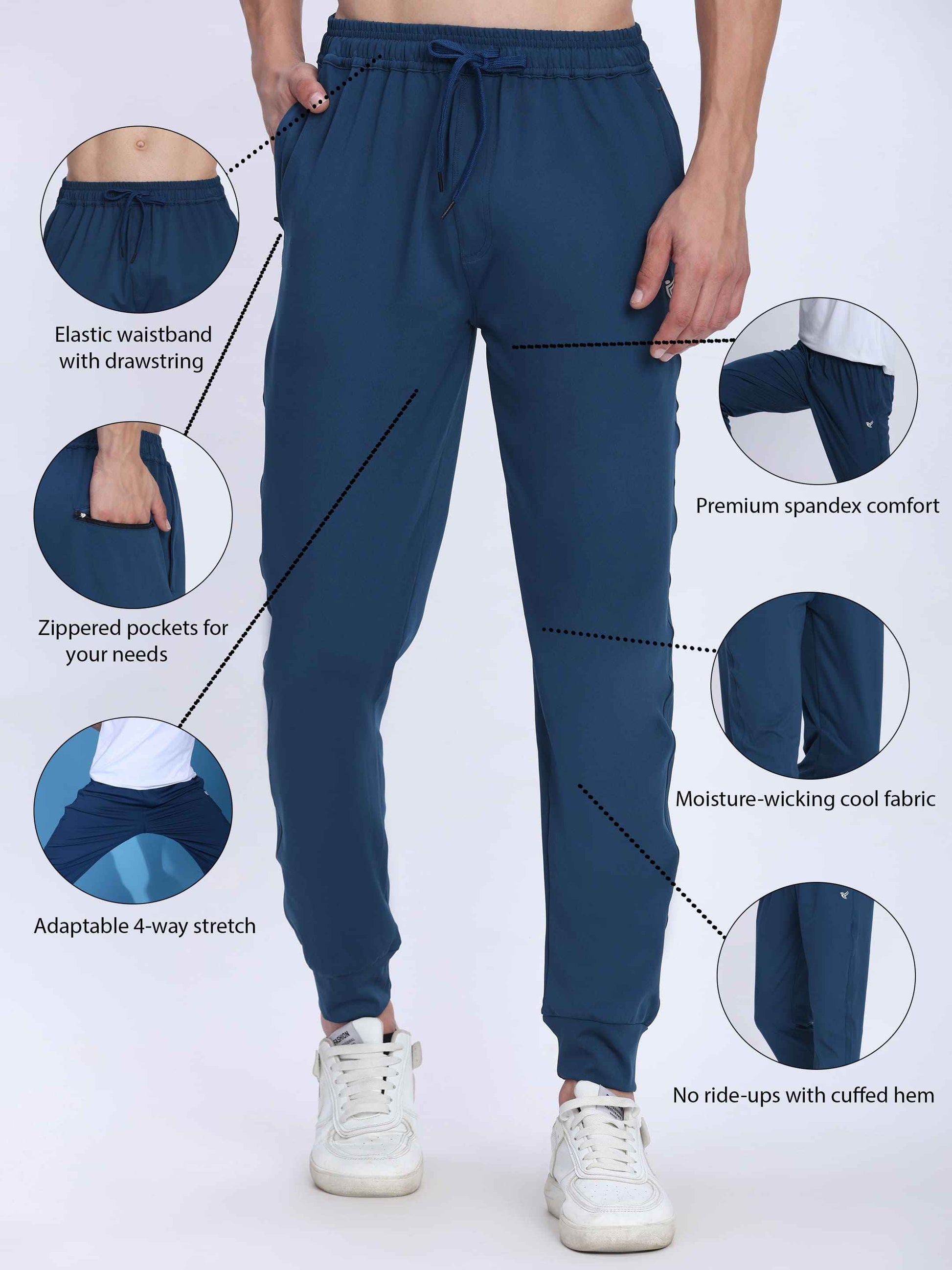 Dpassion Men Teal Blue Joggers 4-Way Stretch Gym Trackpants Activewear