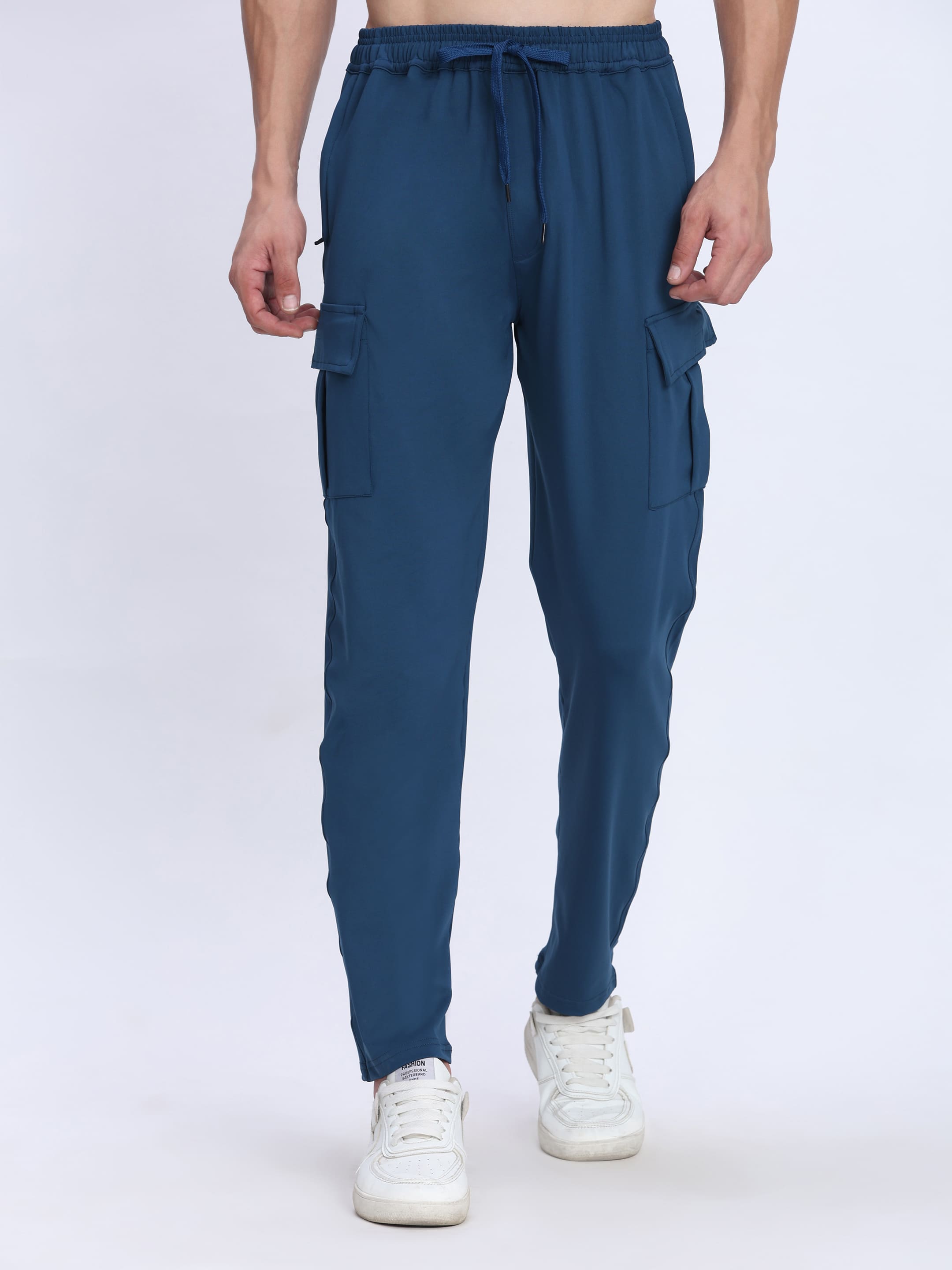 Dpassion Men Navy Blue Cargo Trackpants | 4-Way Stretch Gym Joggers with Multiple Pockets - Dpassion