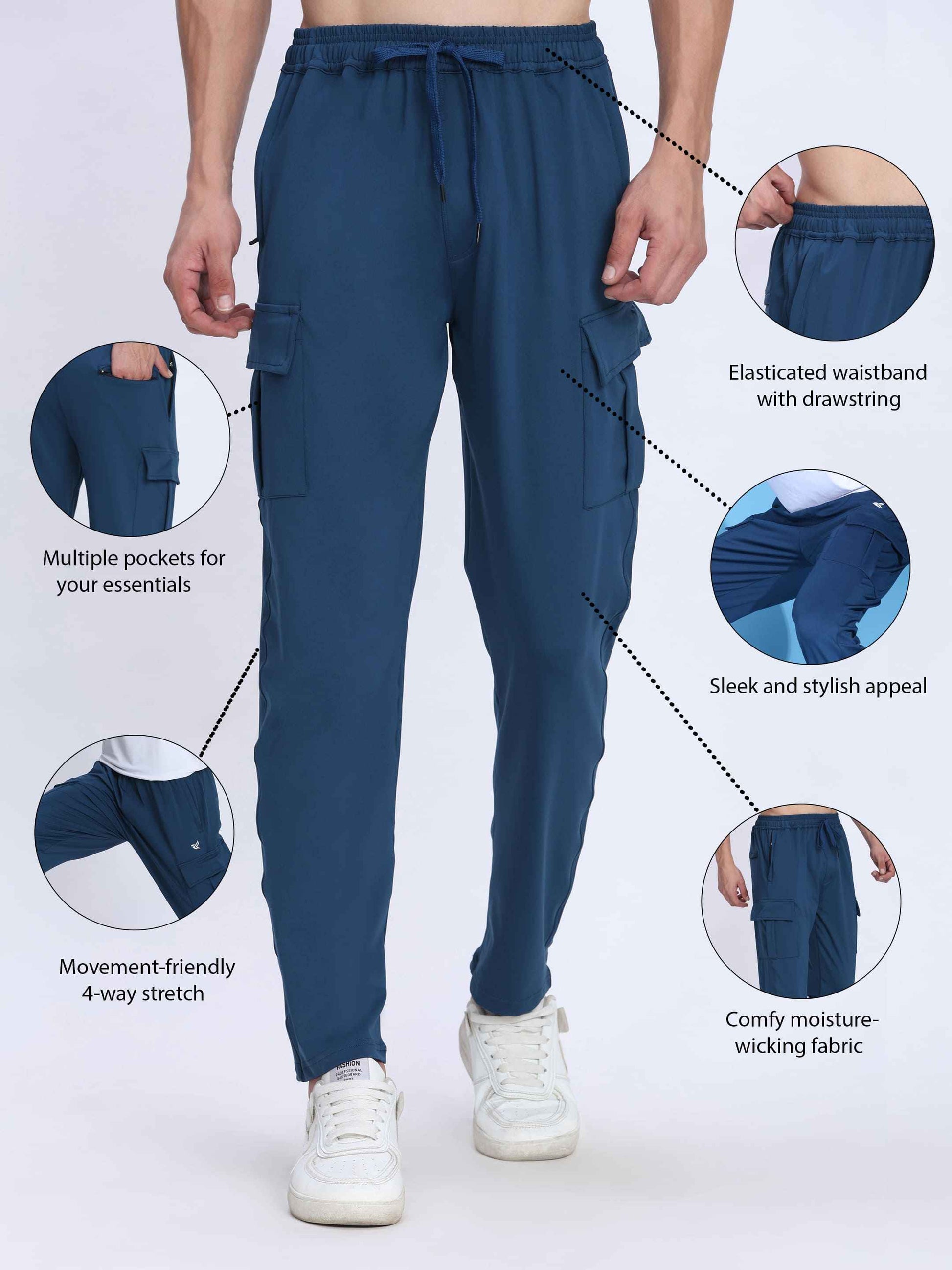 Dpassion Men Navy Blue Cargo Trackpants | 4-Way Stretch Gym Joggers with Multiple Pockets