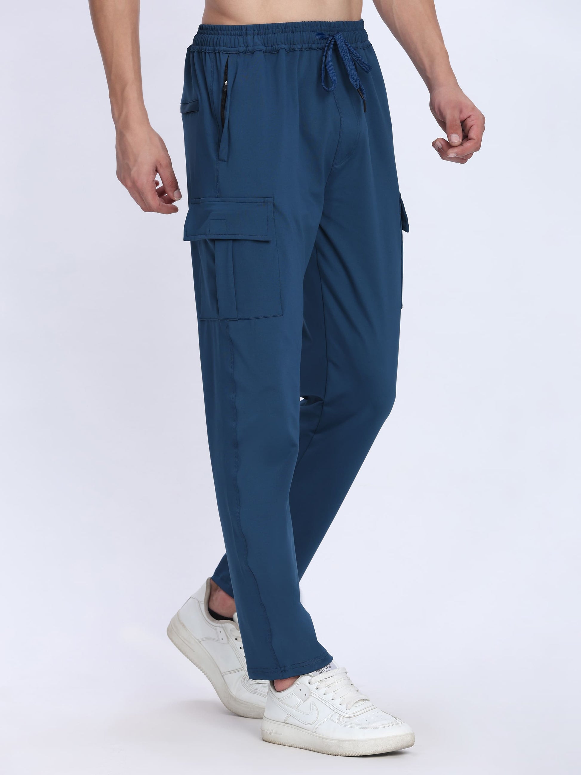 Dpassion Men Navy Blue Cargo Trackpants | 4-Way Stretch Gym Joggers with Multiple Pockets - Dpassion