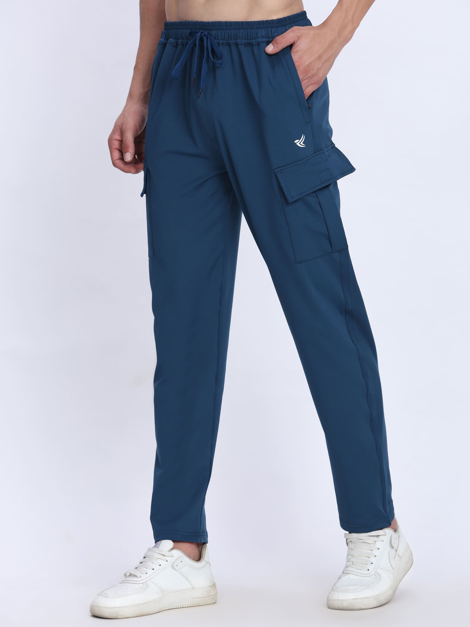 Dpassion Men Navy Blue Cargo Trackpants | 4-Way Stretch Gym Joggers with Multiple Pockets - Dpassion