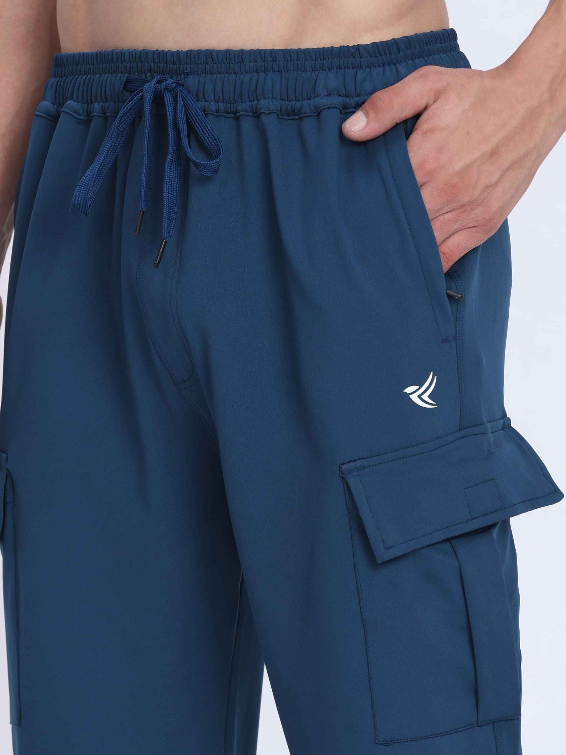 Dpassion Men Navy Blue Cargo Trackpants | 4-Way Stretch Gym Joggers with Multiple Pockets