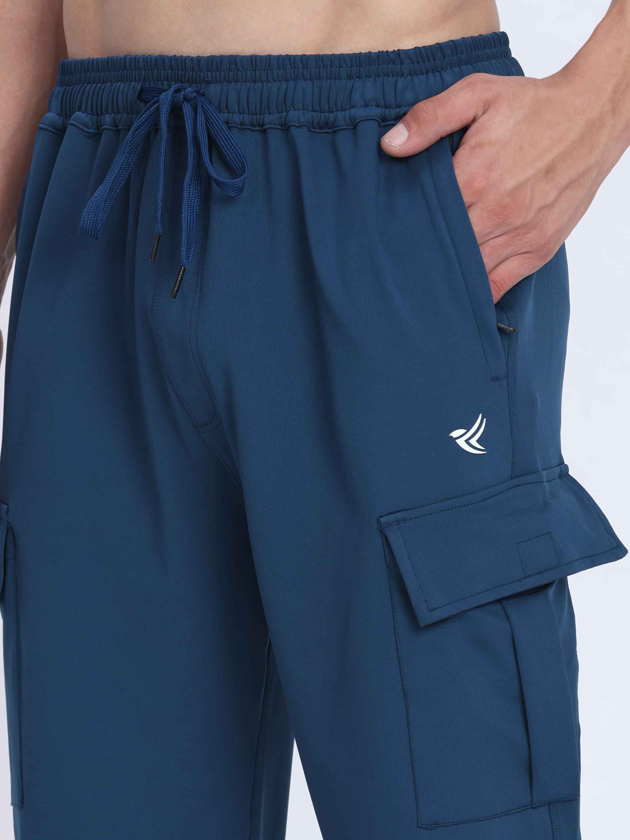 Dpassion Men Navy Blue Cargo Trackpants | 4-Way Stretch Gym Joggers with Multiple Pockets