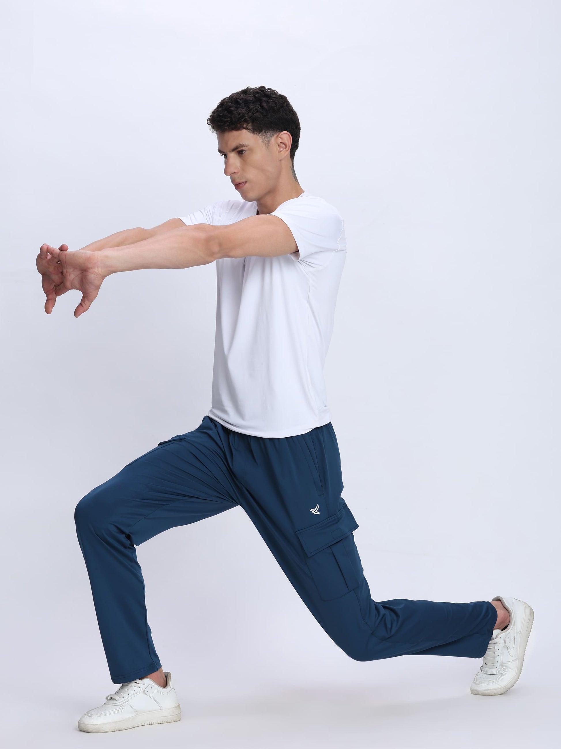 Dpassion Men Navy Blue Cargo Trackpants | 4-Way Stretch Gym Joggers with Multiple Pockets - Dpassion