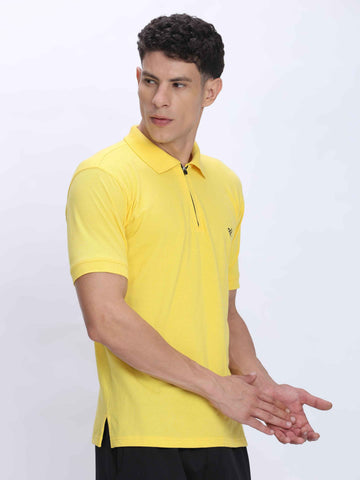 Dpassion Men’s Yellow Zipper Polo Neck Cotton T-Shirt