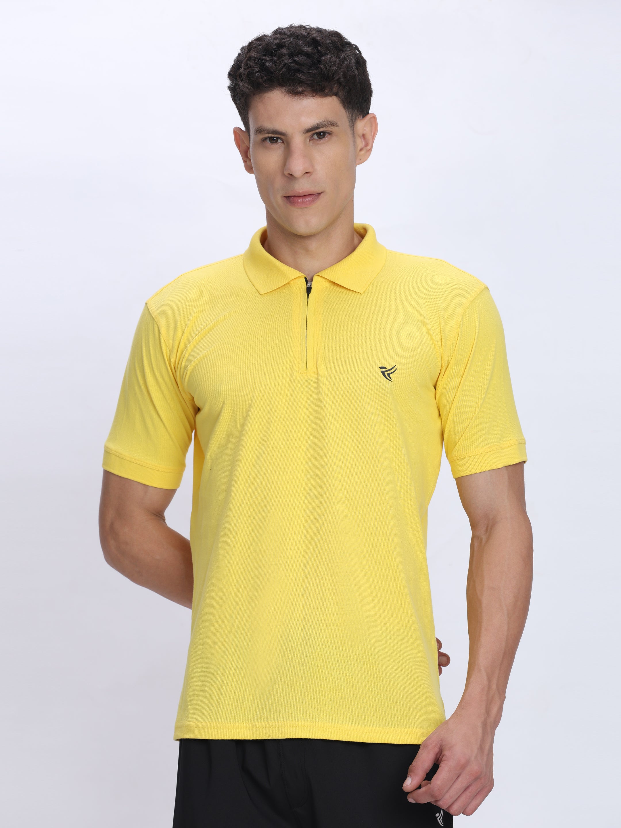 Dpassion Men’s Yellow Zipper Polo Neck Cotton T-Shirt