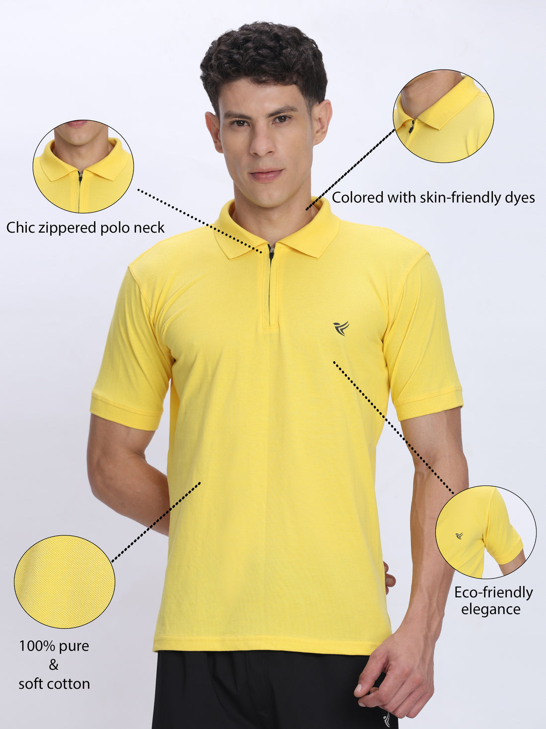 Dpassion Men’s Yellow Zipper Polo Neck Cotton T-Shirt