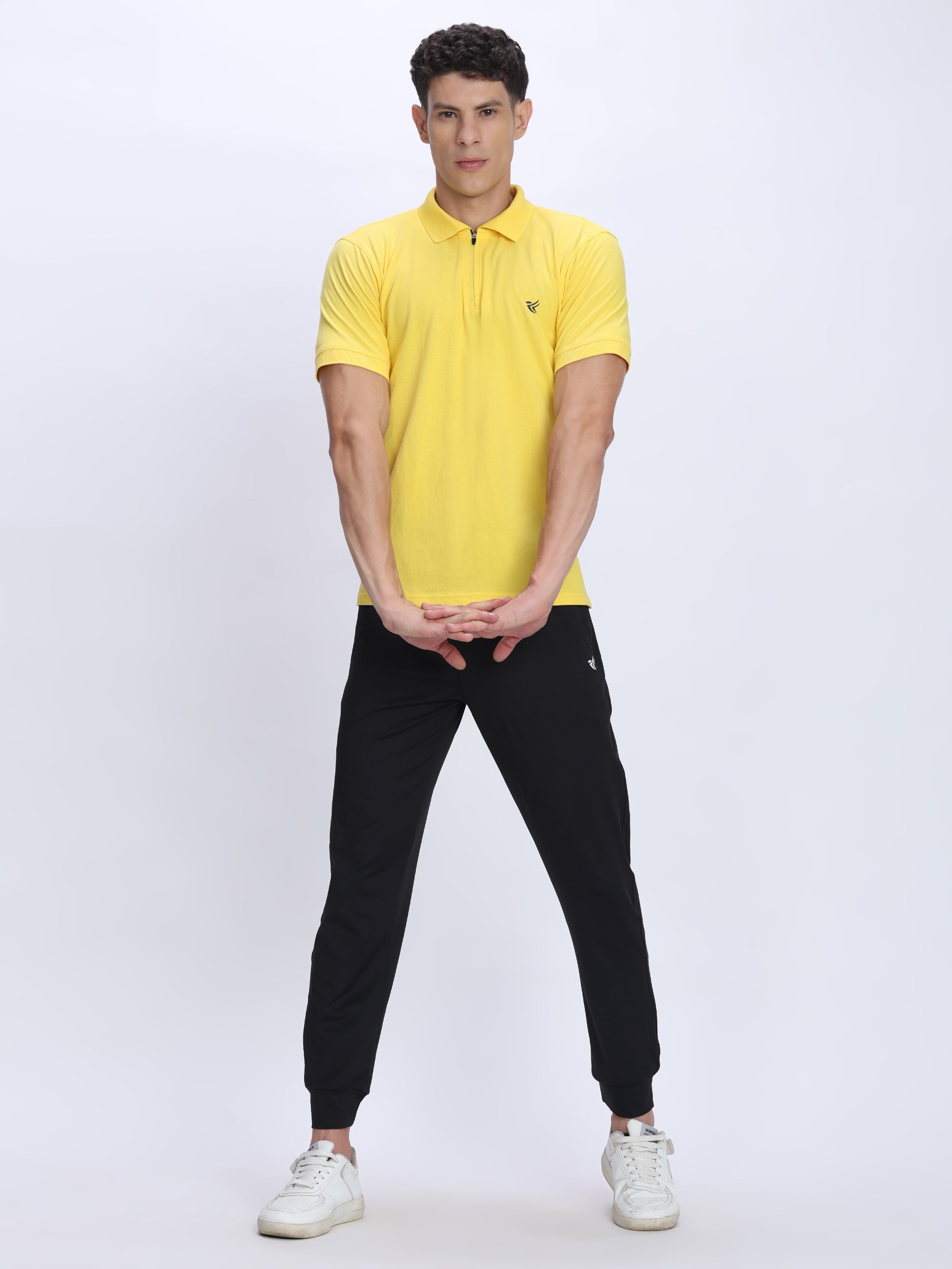 Dpassion Men’s Yellow Zipper Polo Neck Cotton T-Shirt