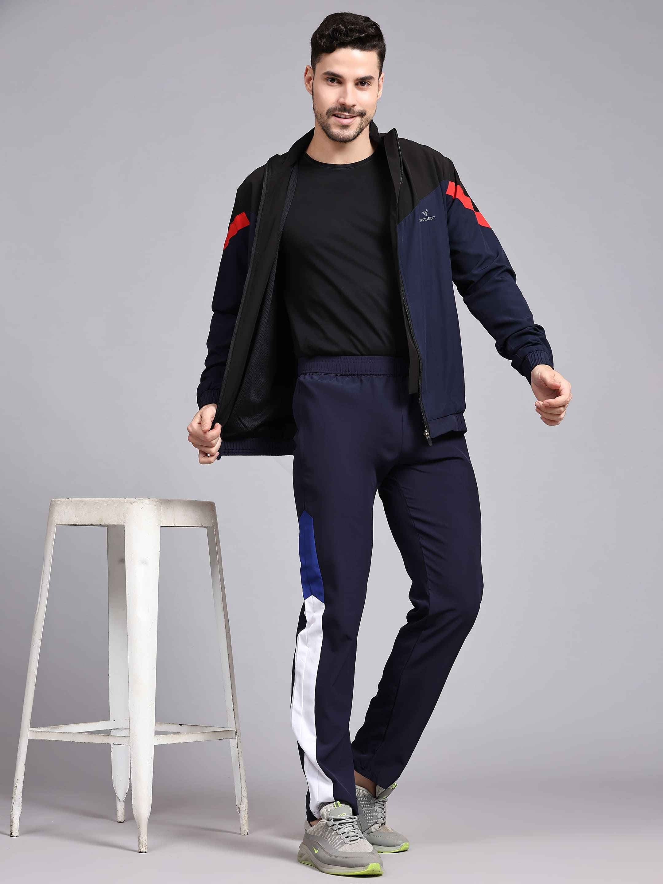 Dpassion Men Navy Track Pants Slim Fit Colorblock Activewear for Gym and Running