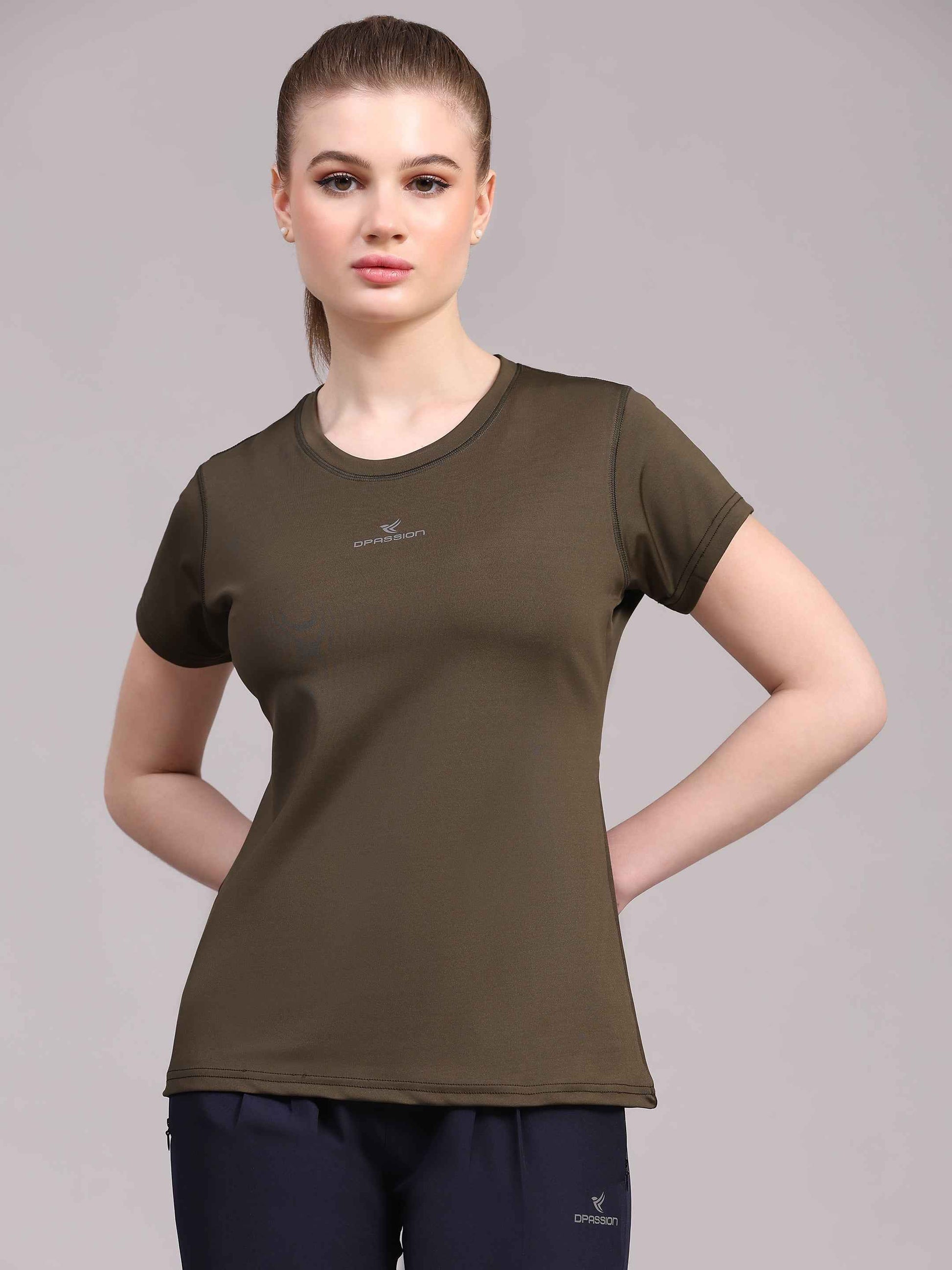 Dpassion Women Olive Performance Training T-Shirt Activewear
