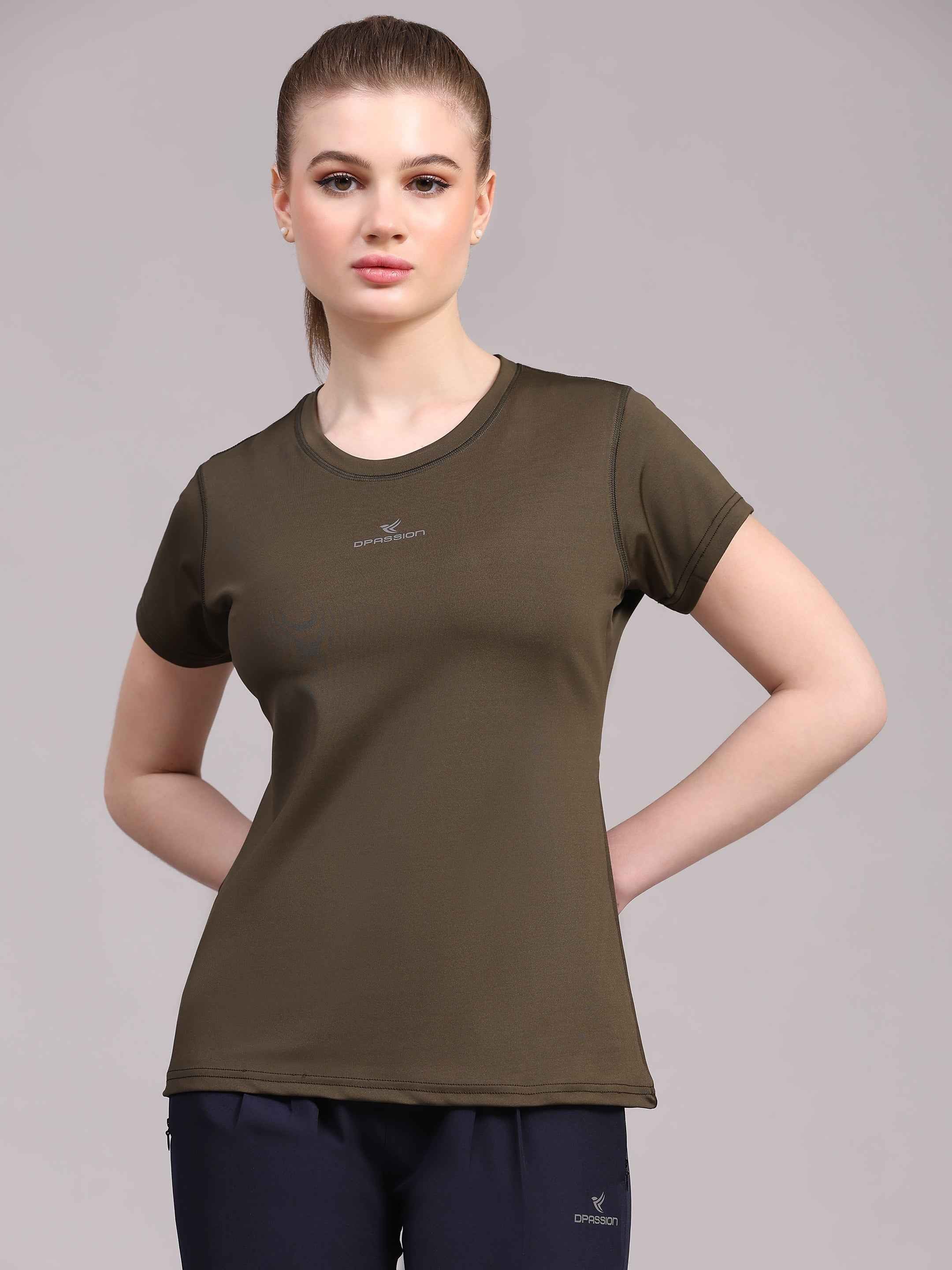 Dpassion Women Olive Performance Training T-Shirt Activewear