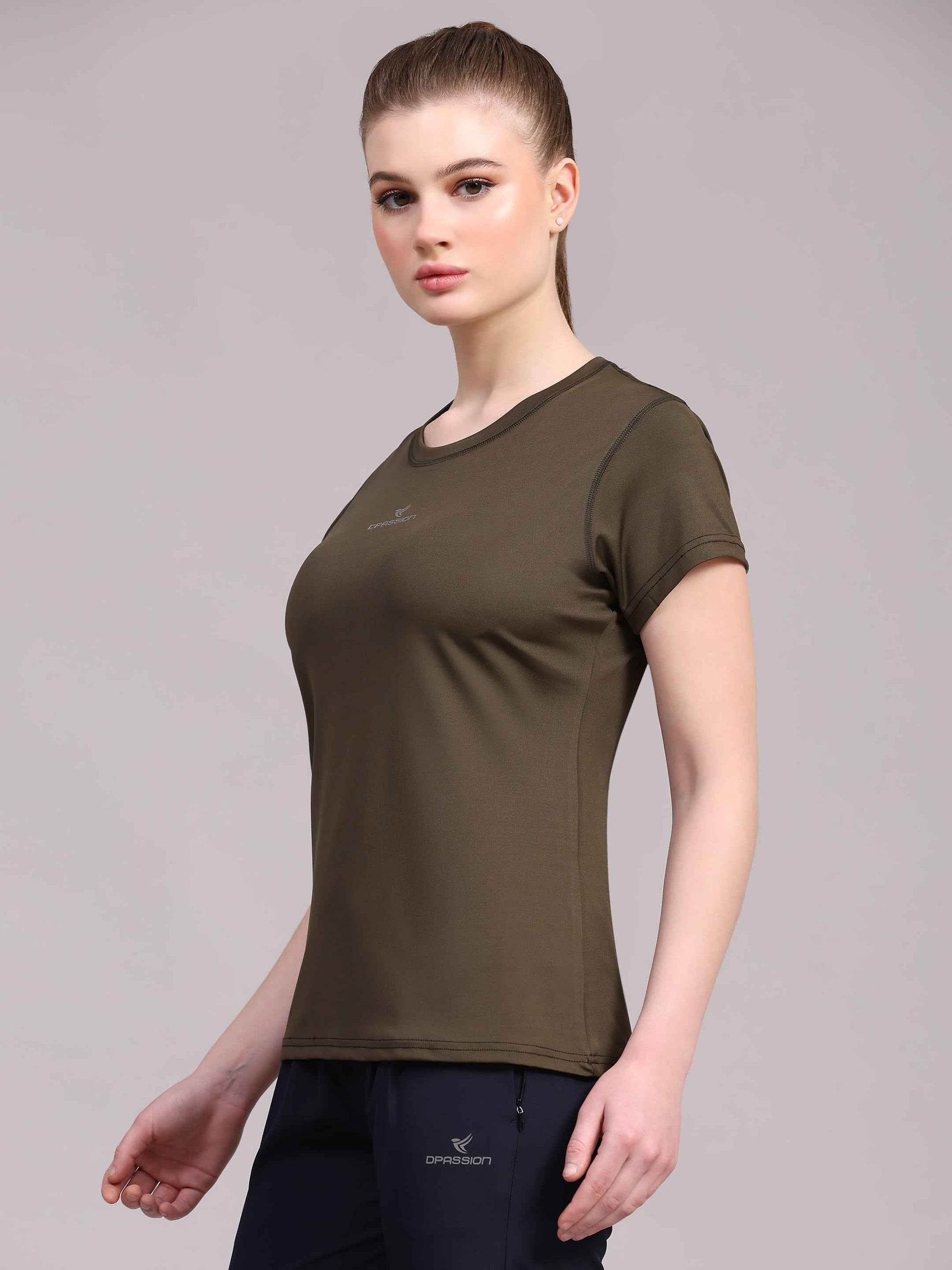 Dpassion Women Olive Performance Training T-Shirt Activewear