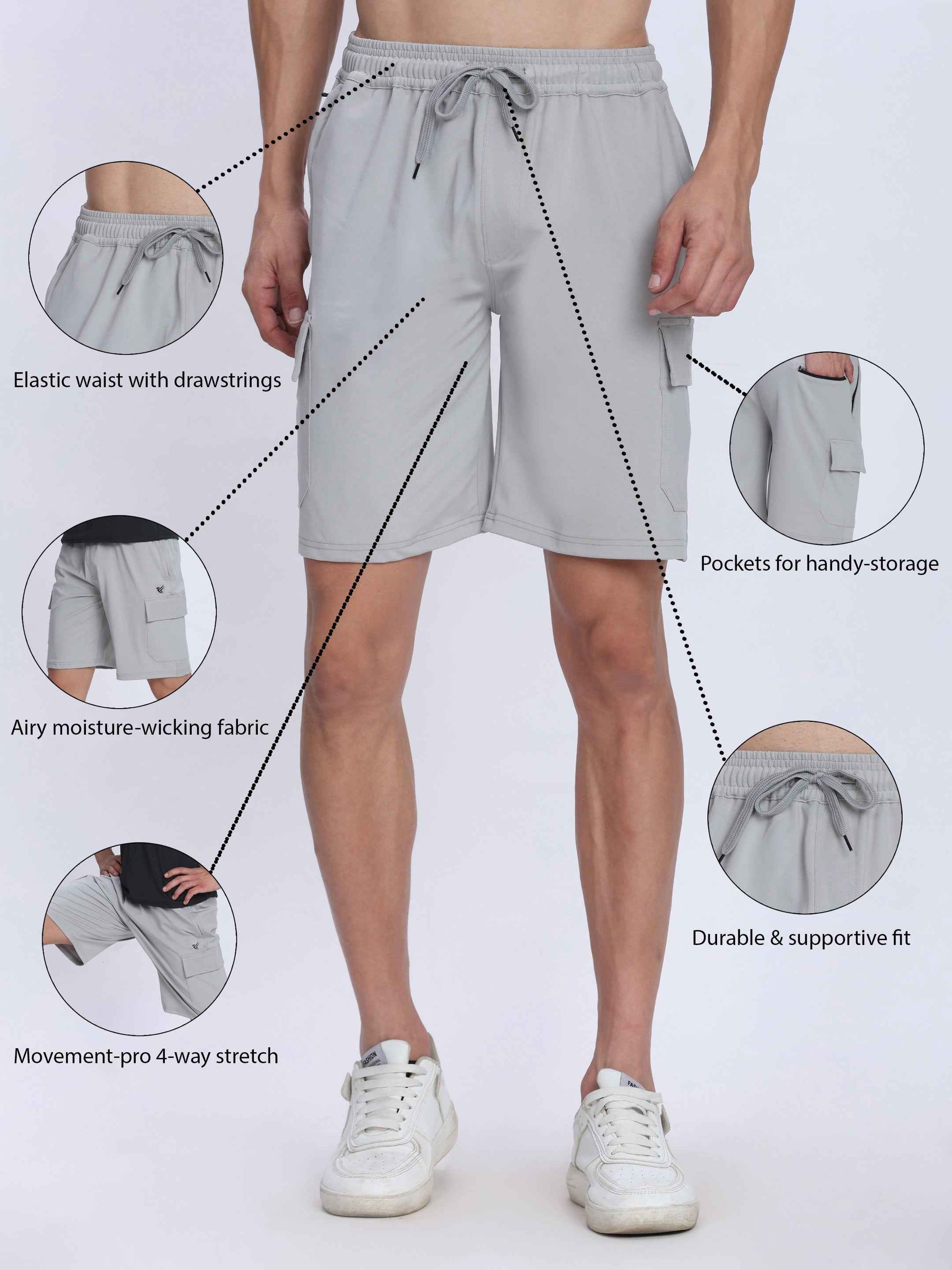 Dpassion Light Grey Cargo Training Shorts for Men Activewear