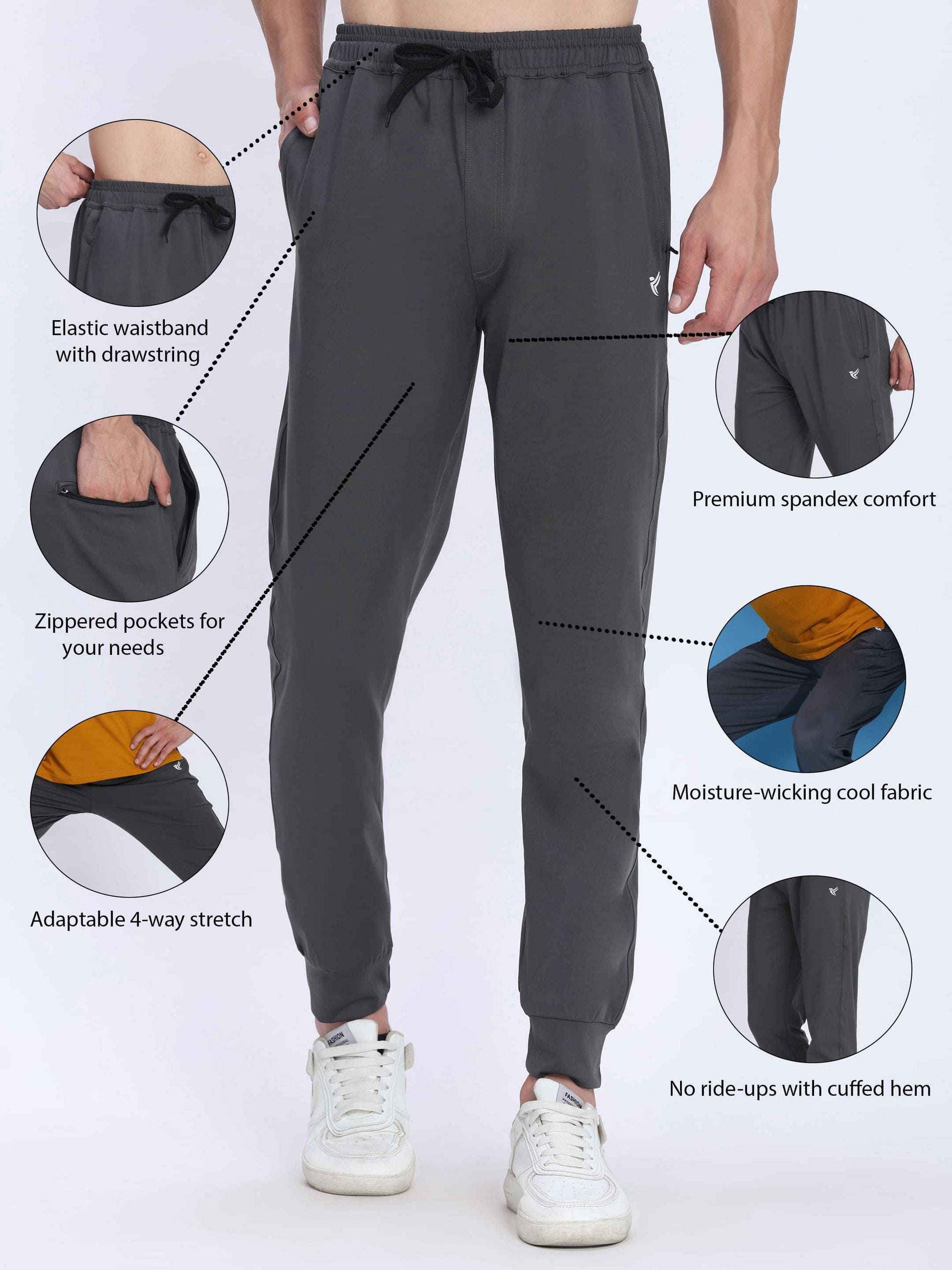 Dpassion Men Grey Joggers 4-Way Stretch Gym Trackpants Activewear