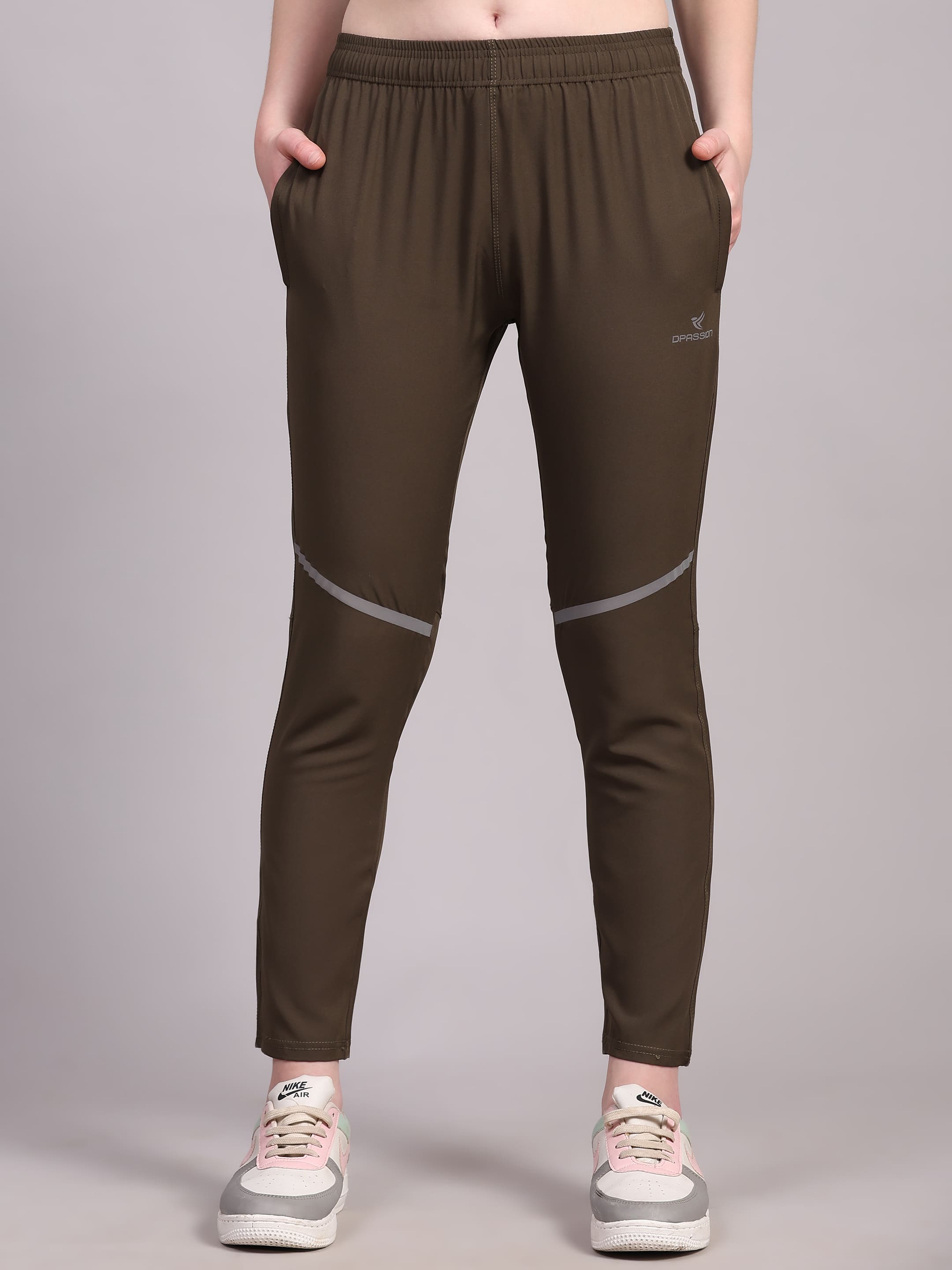 Dpassion Women’s Olive Reflective Panel Training Track Pants – Slim Fit Fast-Dry Activewear - Dpassion