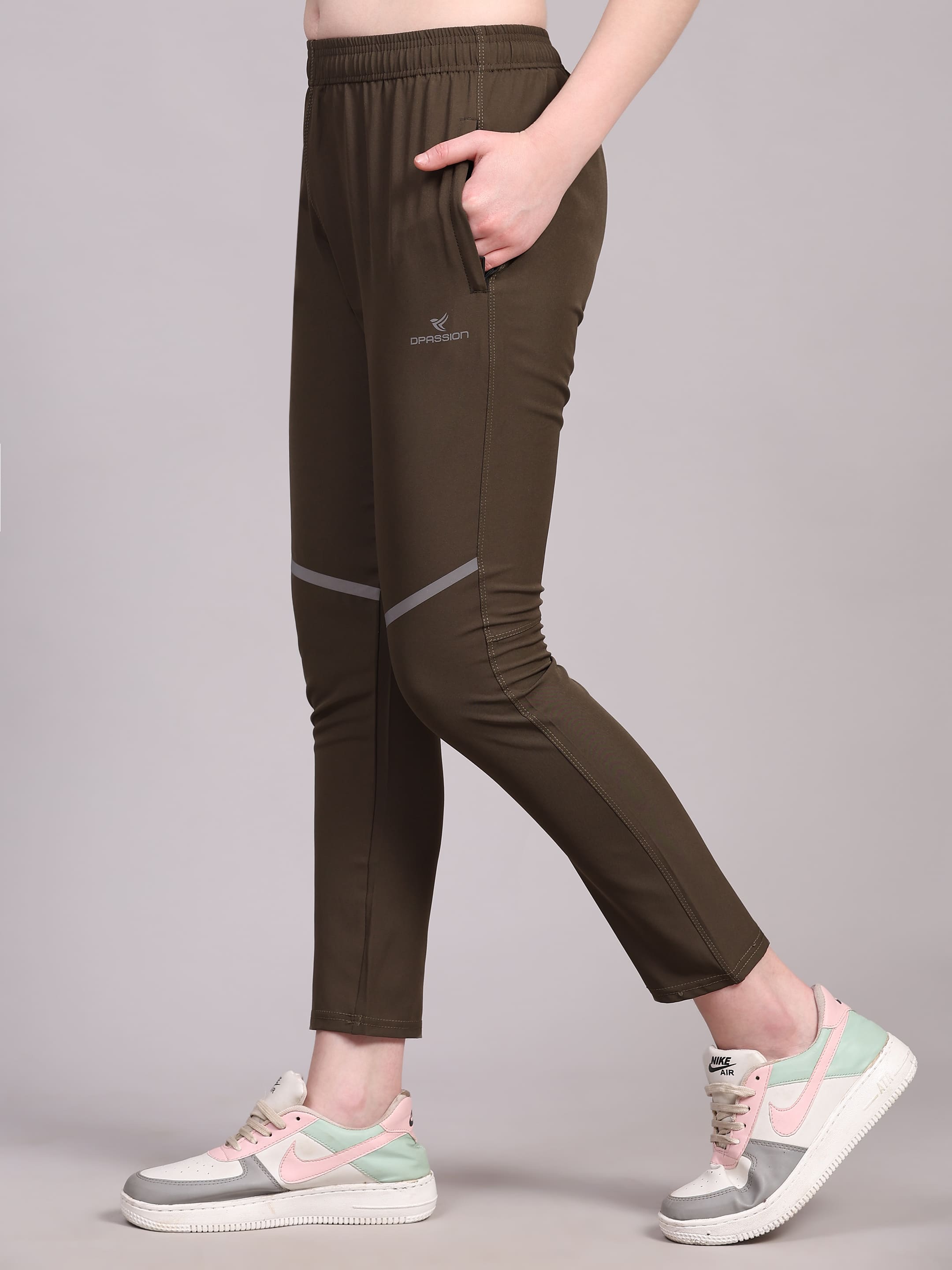 Dpassion Women’s Olive Reflective Panel Training Track Pants – Slim Fit Fast-Dry Activewear - Dpassion