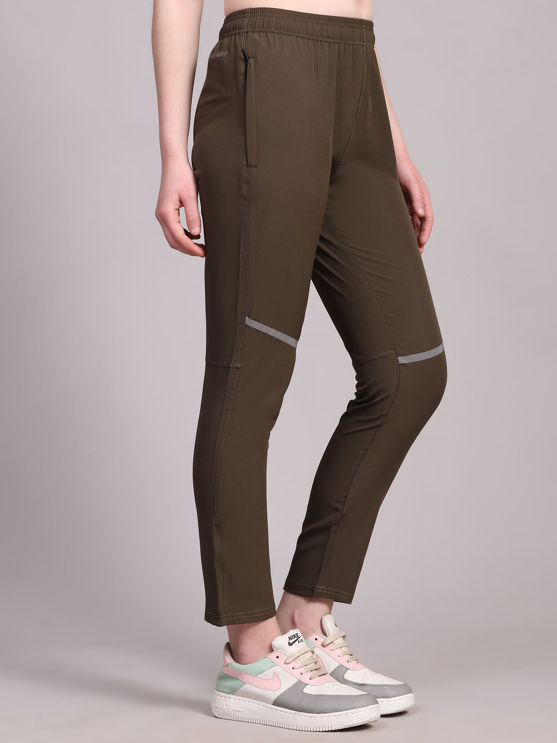 Dpassion Women’s Olive Reflective Panel Training Track Pants – Slim Fit Fast-Dry Activewear - Dpassion