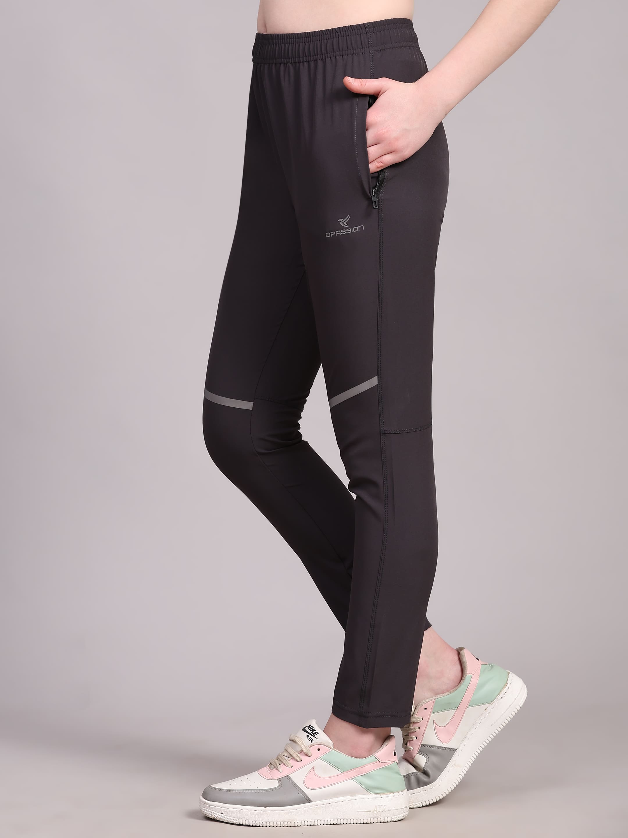 Dpassion Women Charcoal Performance Track Pants with Reflective Detail - Dpassion