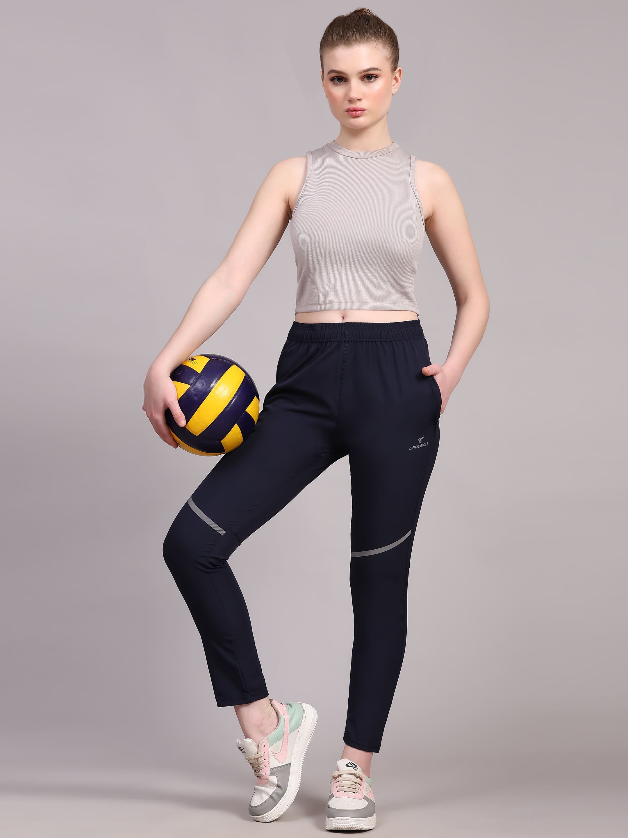 Dpassion Women Navy Performance Track Pants with Reflective Detail - Dpassion
