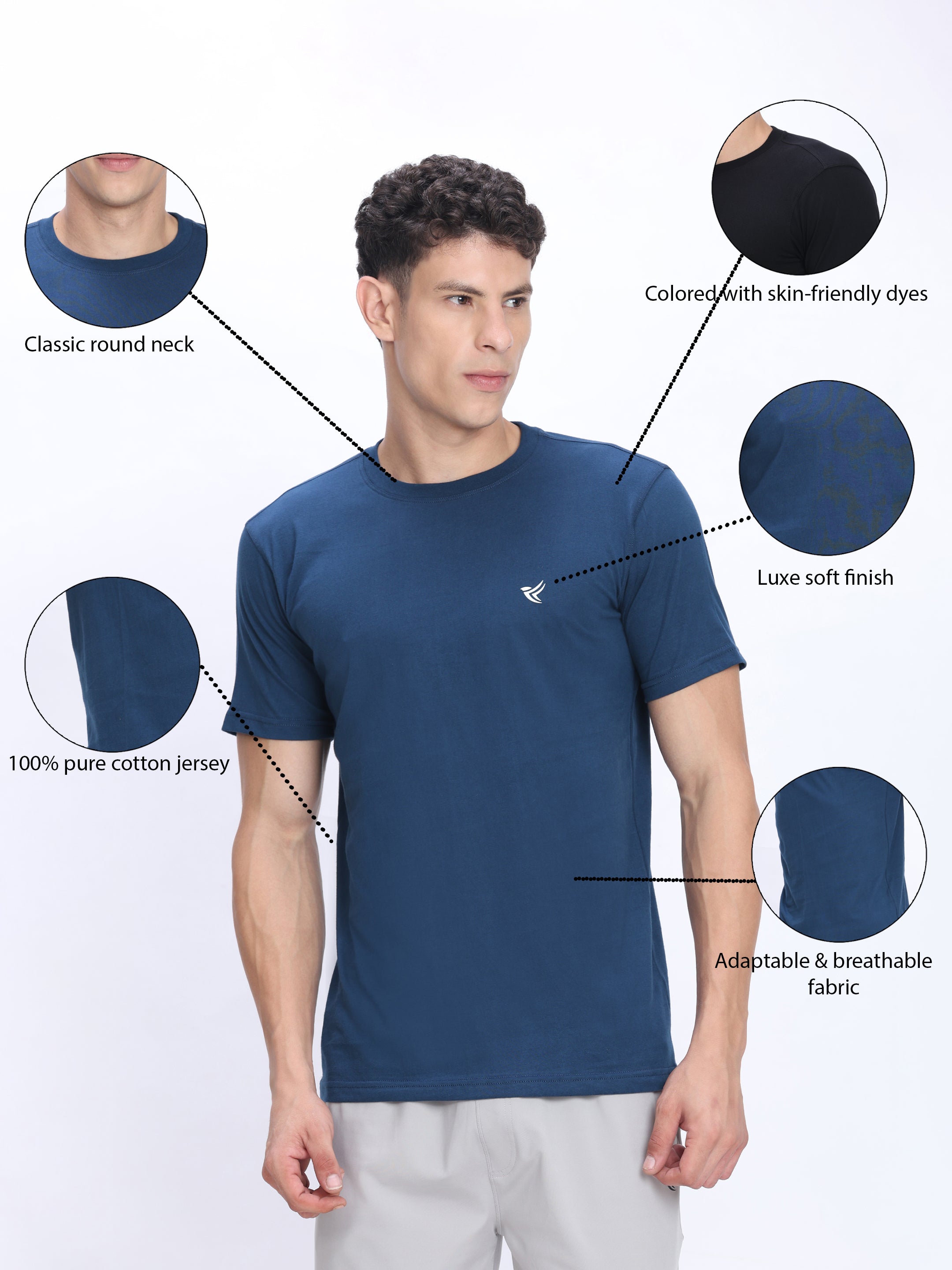 Dpassion Men Steel Blue Cotton Active T Shirt Performance Gym Wear - Dpassion