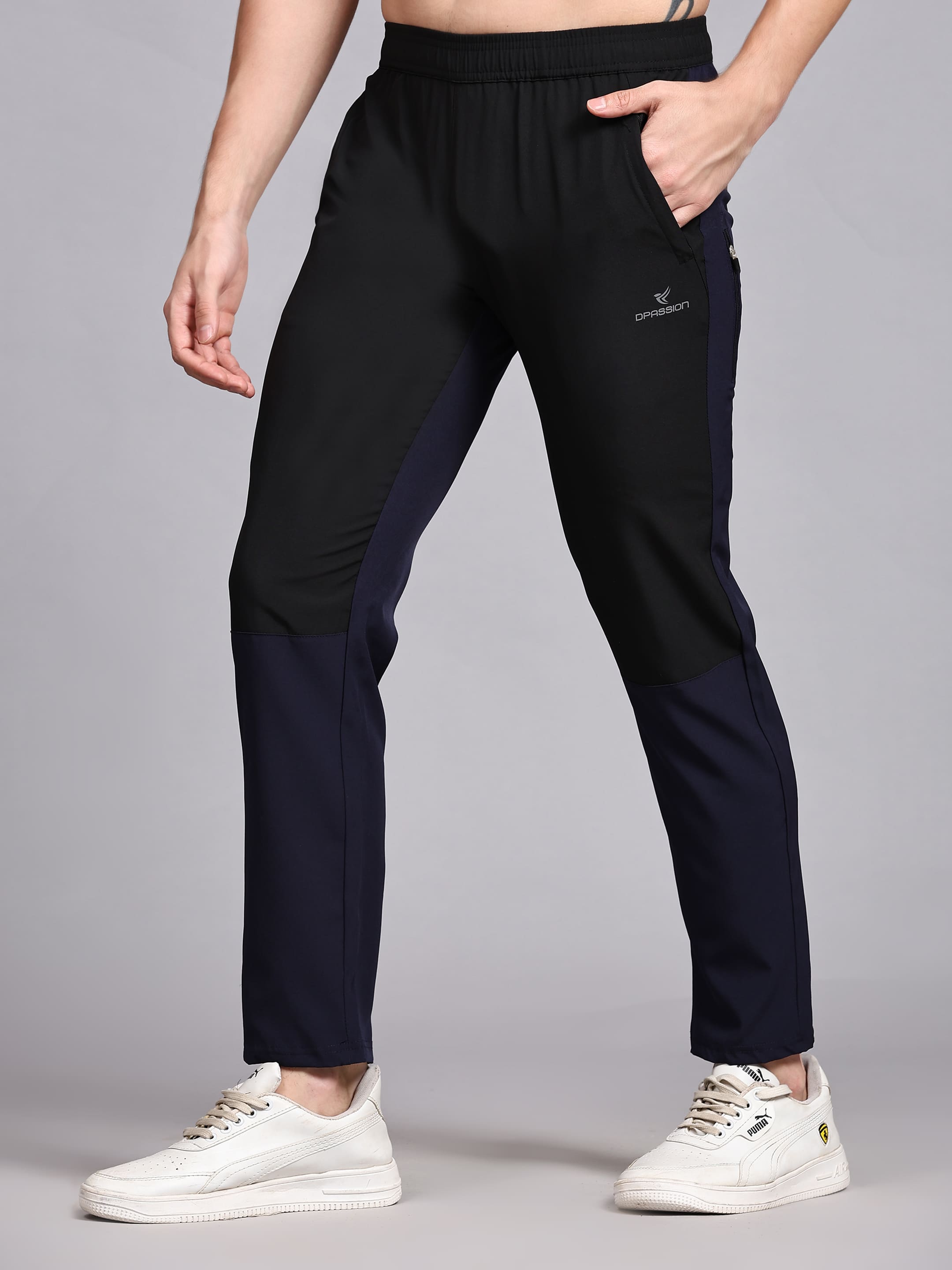 Dpassion Men Black Slim Fit Track Pants Colorblock Gym Activewear - Dpassion
