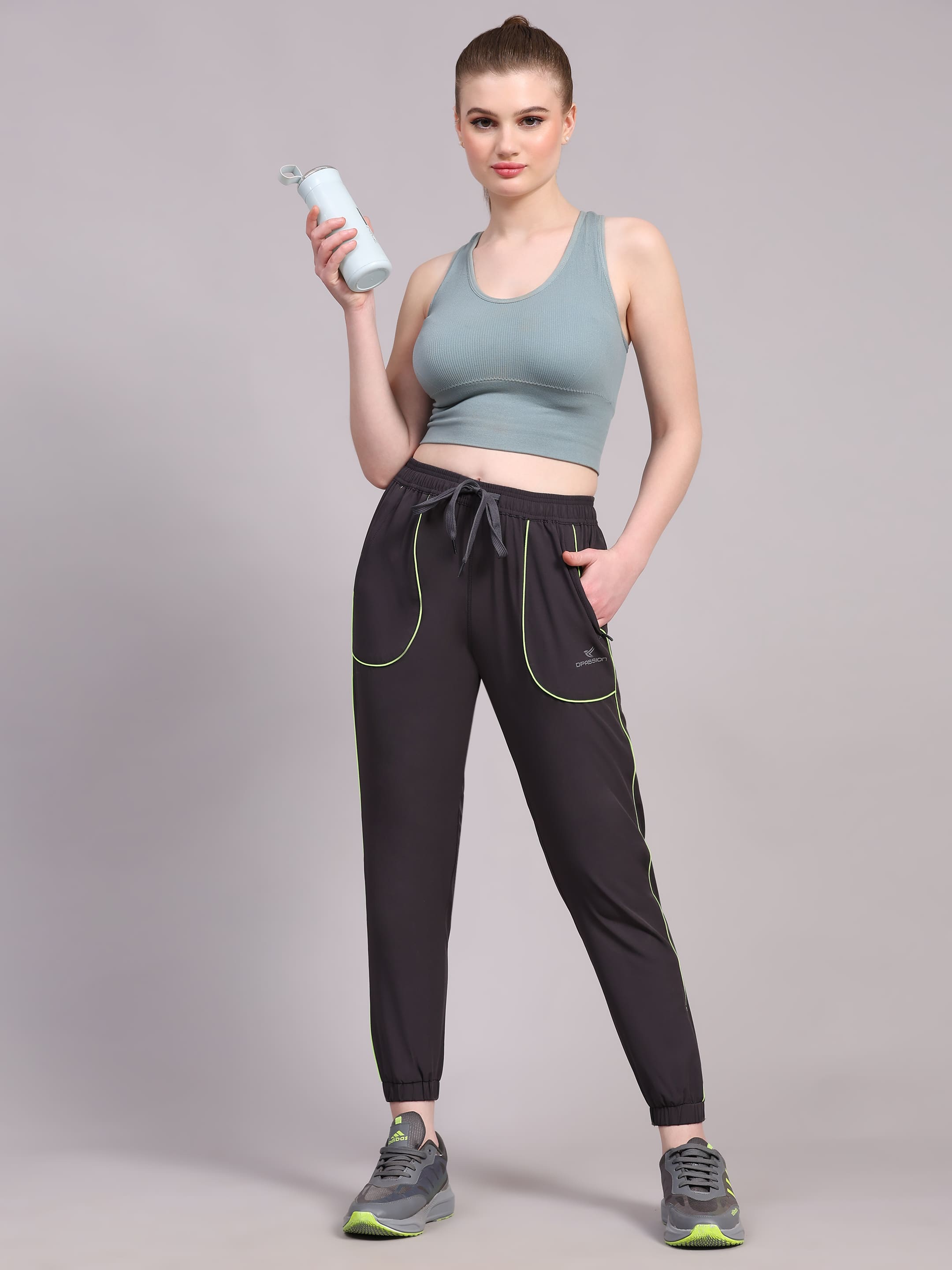 Dpassion Women’s Charcoal Jogger Track Pants with Neon Green Contrast - Dpassion