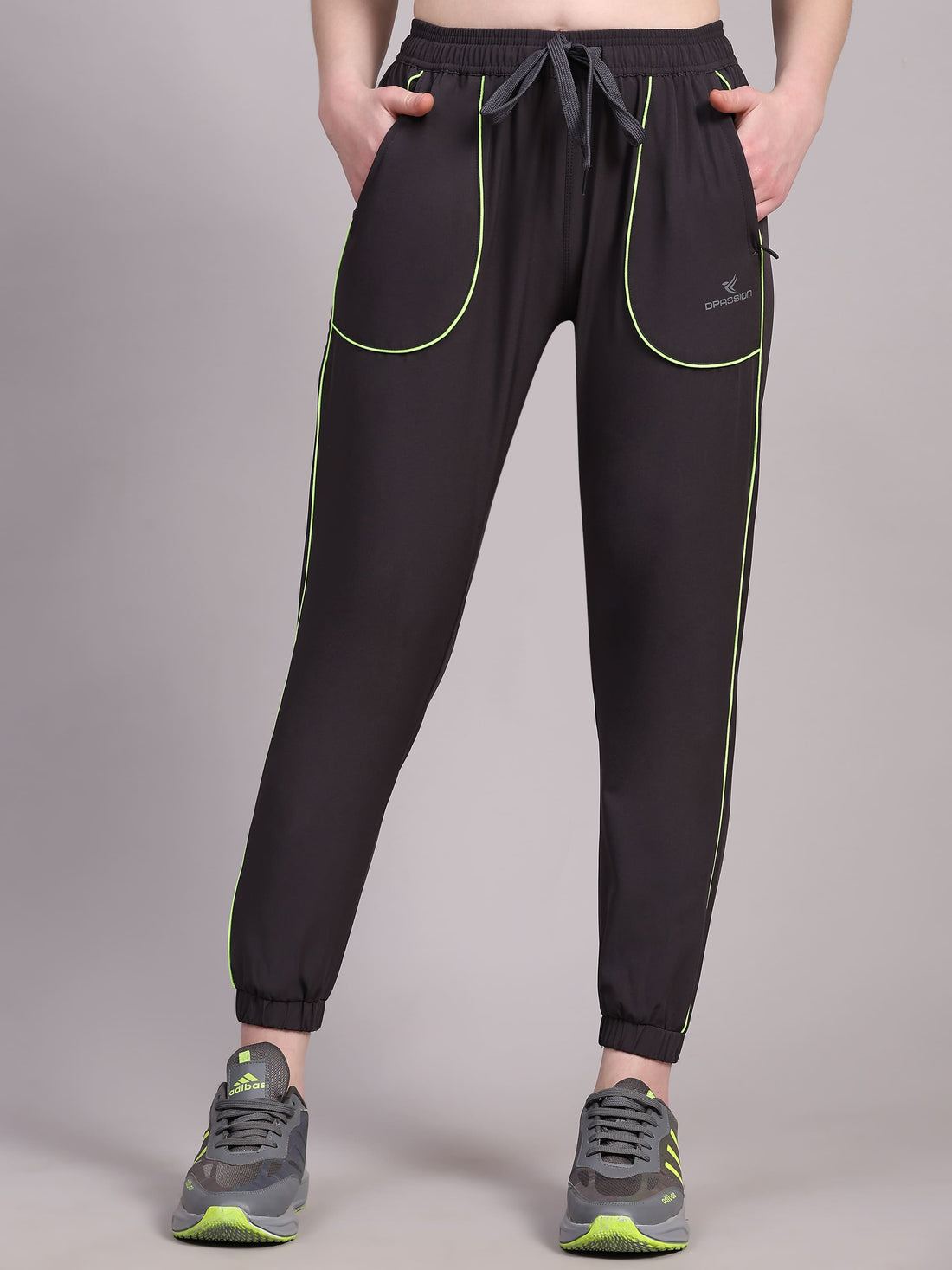 Dpassion Women’s Charcoal Jogger Track Pants with Neon Green Contrast - Dpassion