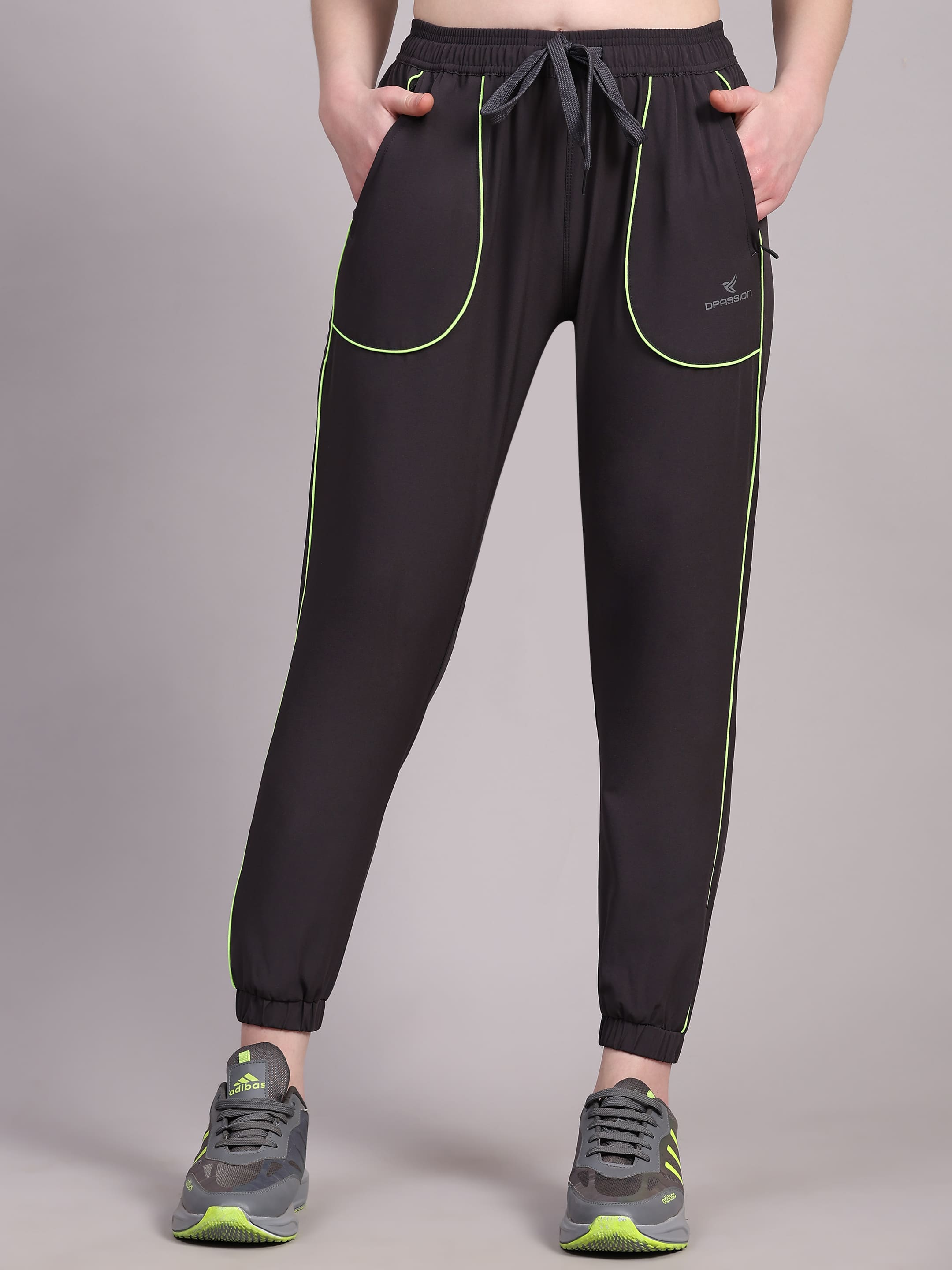 Dpassion Women’s Charcoal Jogger Track Pants with Neon Green Contrast - Dpassion