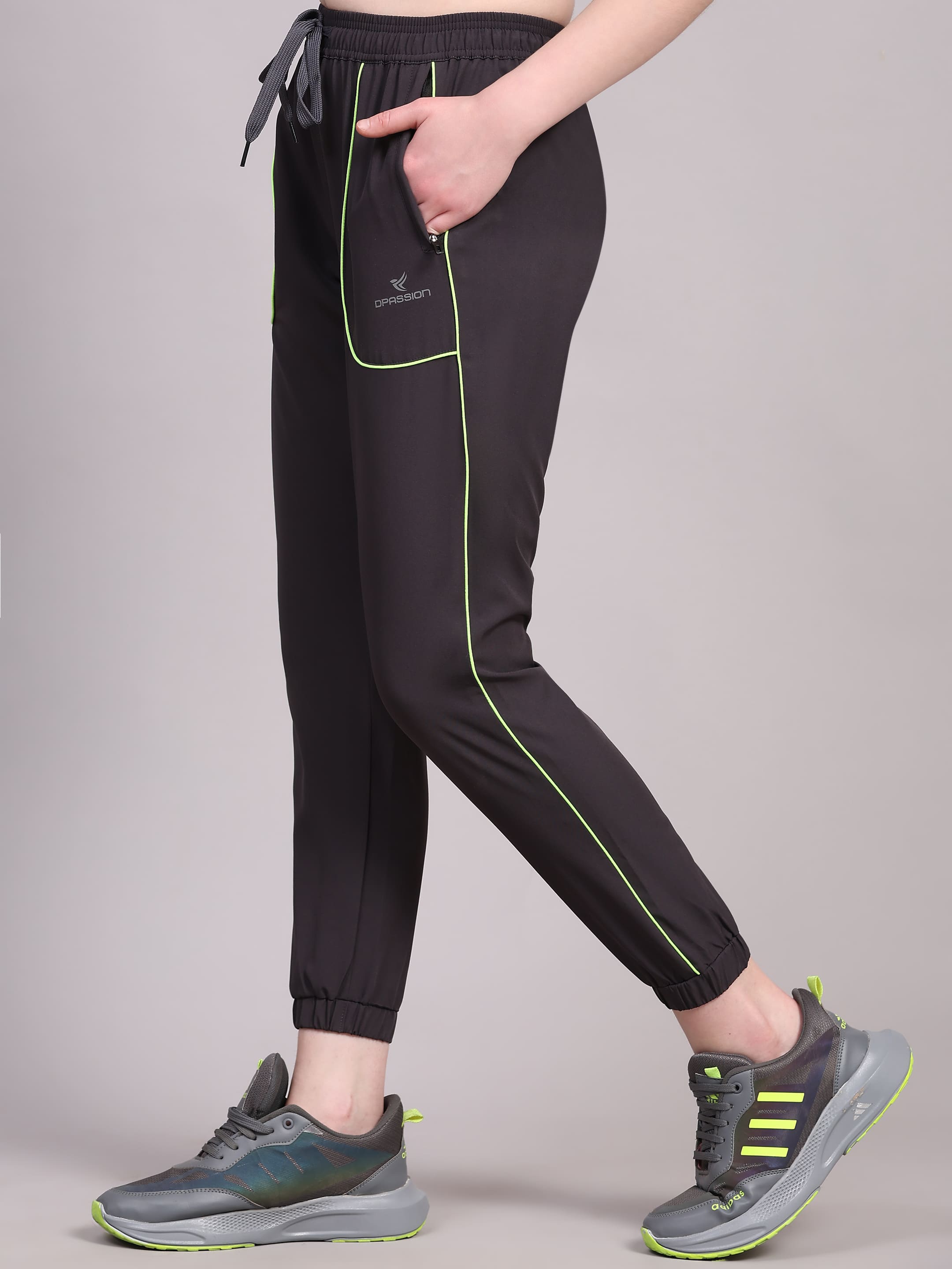 Dpassion Women’s Charcoal Jogger Track Pants with Neon Green Contrast - Dpassion
