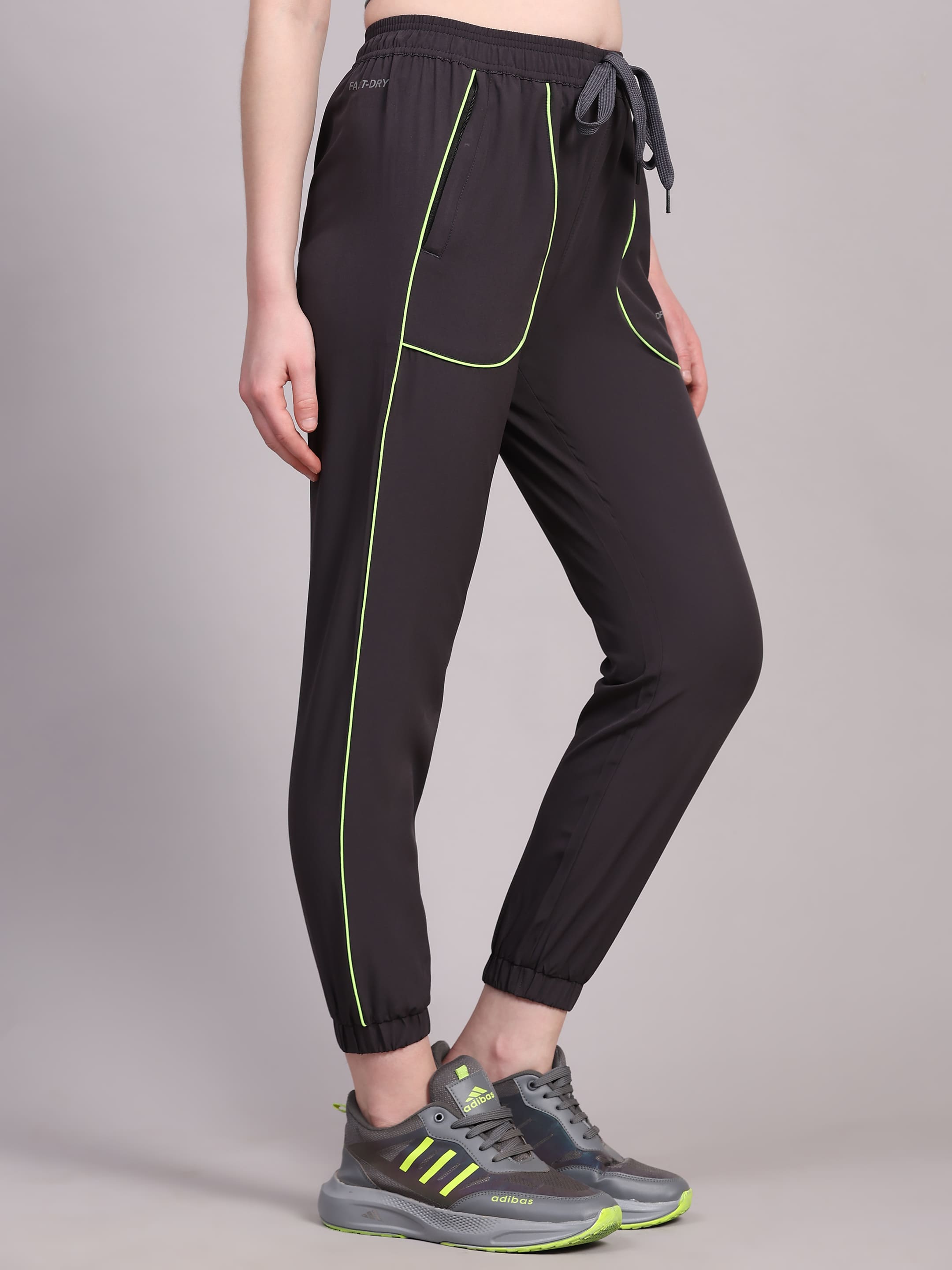 Dpassion Women’s Charcoal Jogger Track Pants with Neon Green Contrast - Dpassion