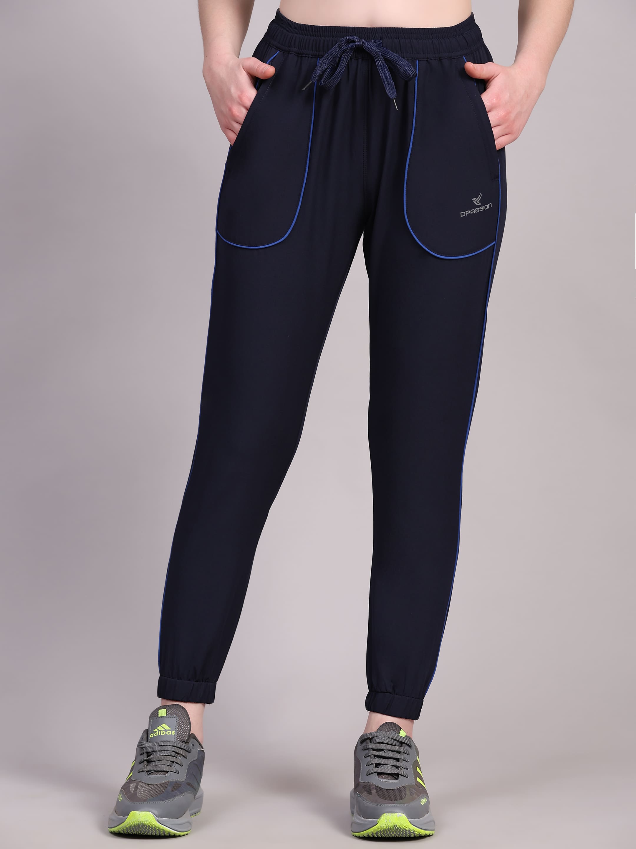Dpassion Women Navy Blue Jogger Track Pants with Contrast Piping - Dpassion