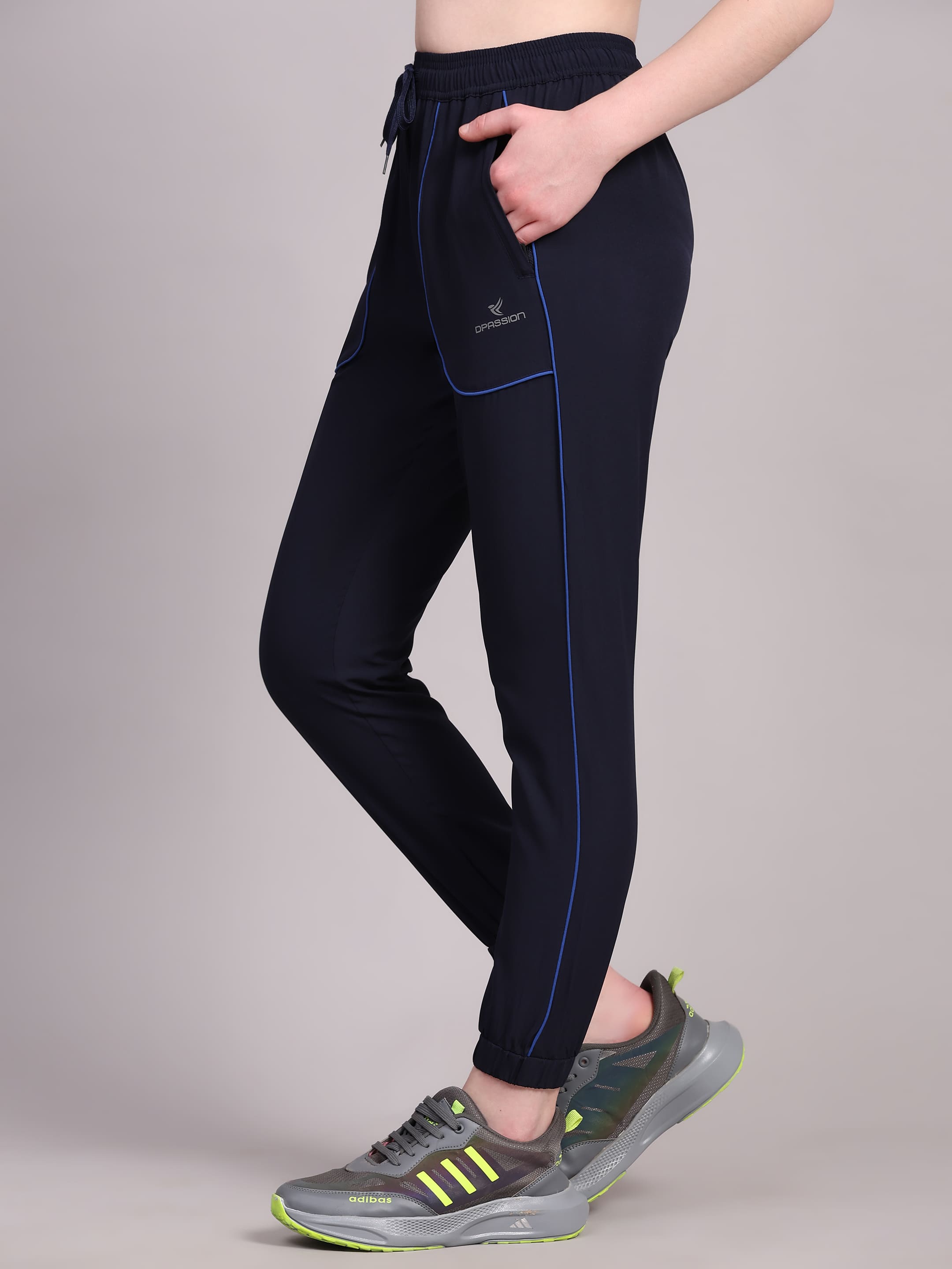 Dpassion Women Navy Blue Jogger Track Pants with Contrast Piping - Dpassion