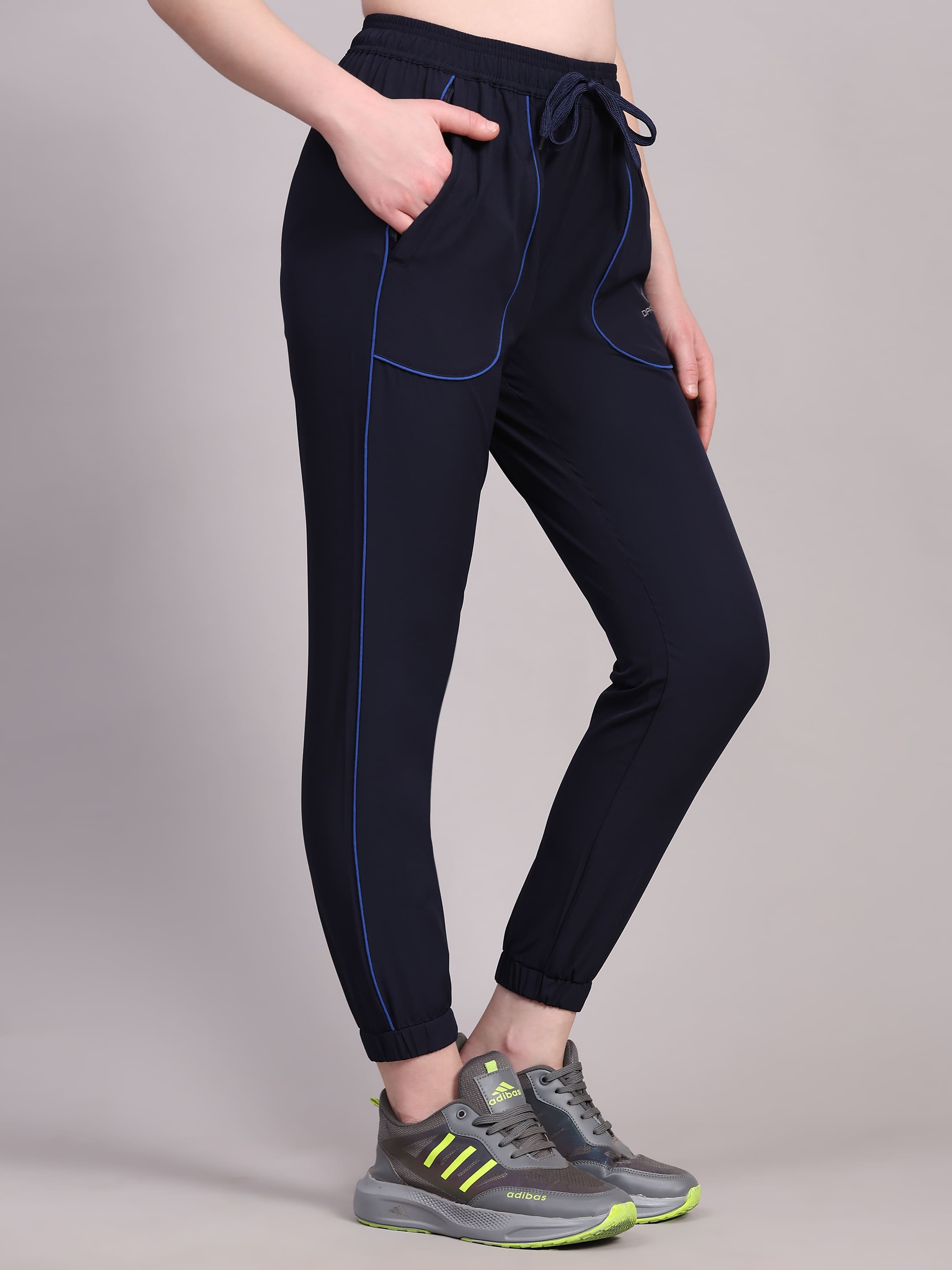 Dpassion Women Navy Blue Jogger Track Pants with Contrast Piping - Dpassion