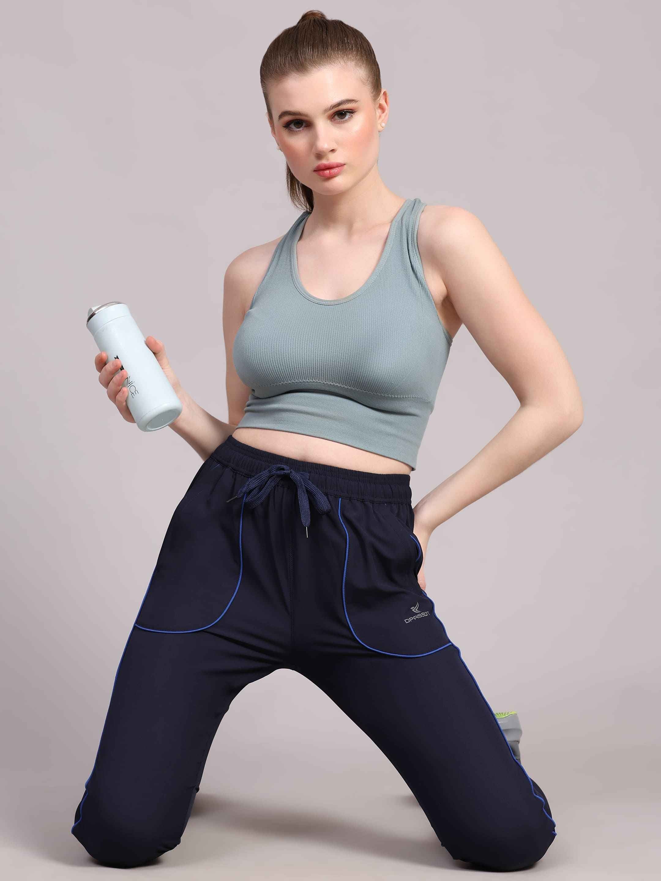Dpassion Women Navy Blue Jogger Track Pants with Contrast Piping