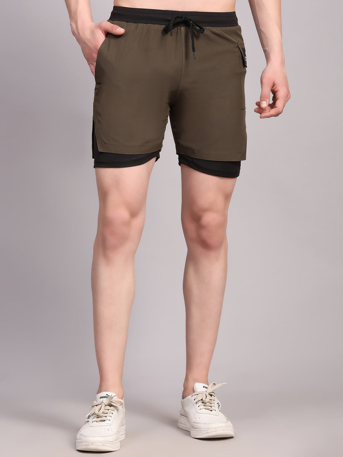 Dpassion Men 2 in 1 Training Shorts Olive Performance Activewear