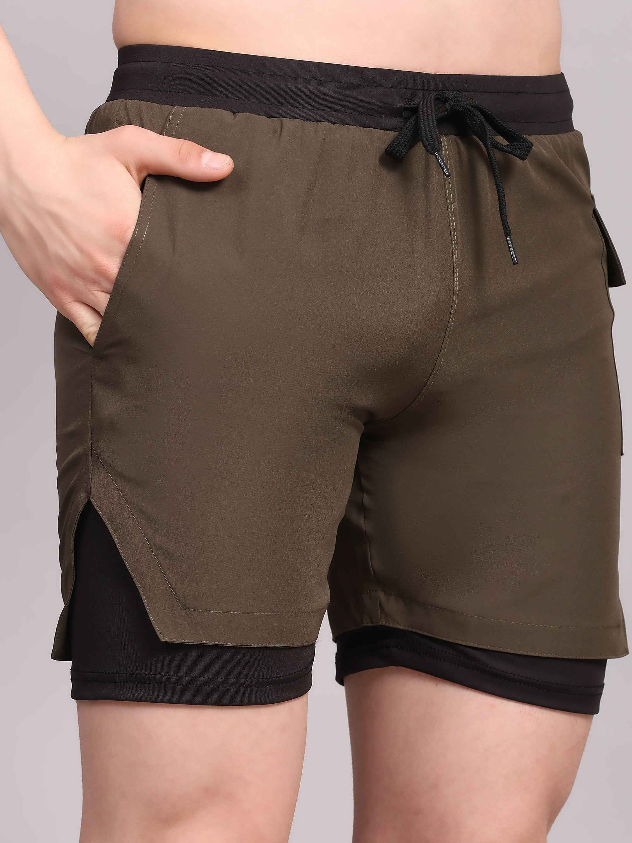 Dpassion Men 2 in 1 Training Shorts Olive Performance Activewear