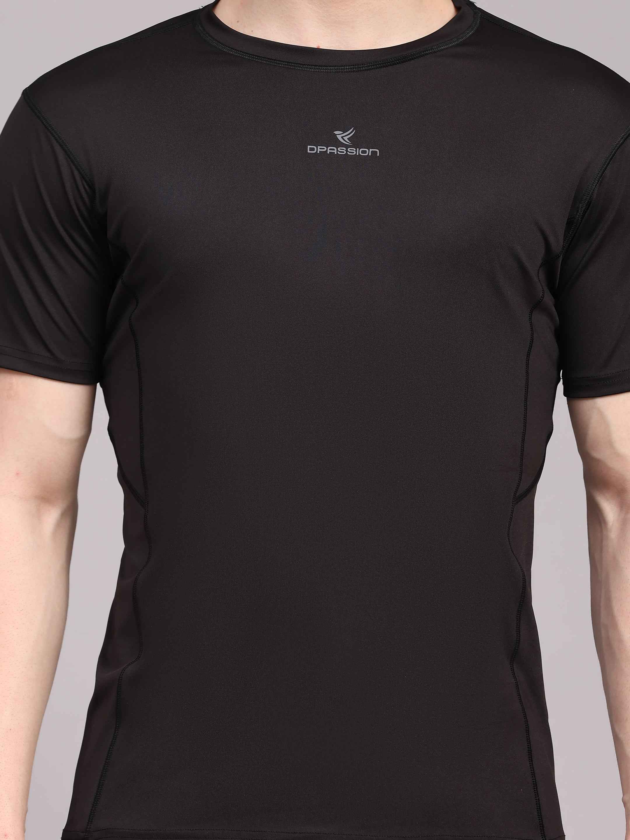 Dpassion Men Solid Black Performance T Shirt Breathable Gym Training Wear