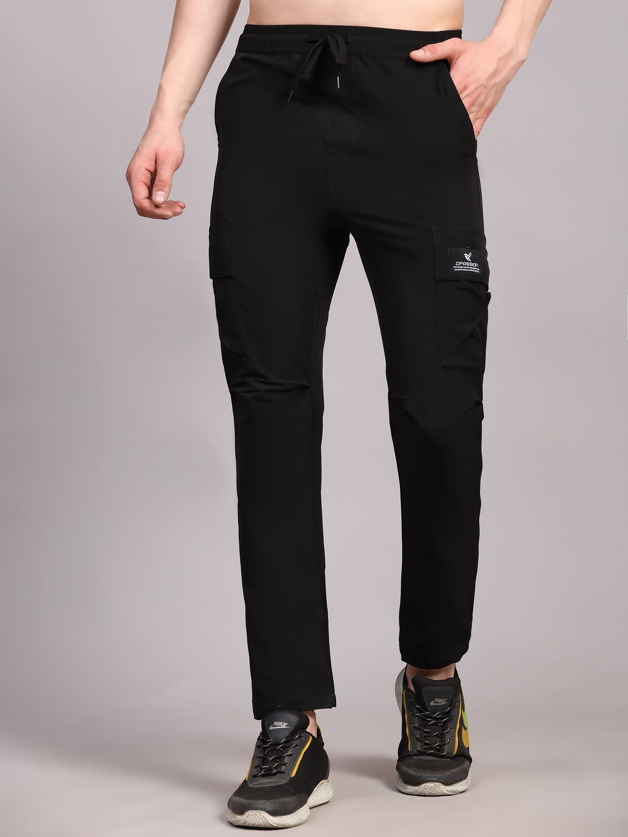 Dpassion Men Black Cargo Track Pants Slim Fit Gym Training Activewear - Dpassion
