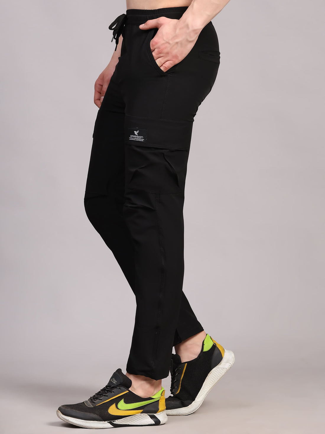 Dpassion Men Black Cargo Track Pants Slim Fit Gym Training Activewear - Dpassion